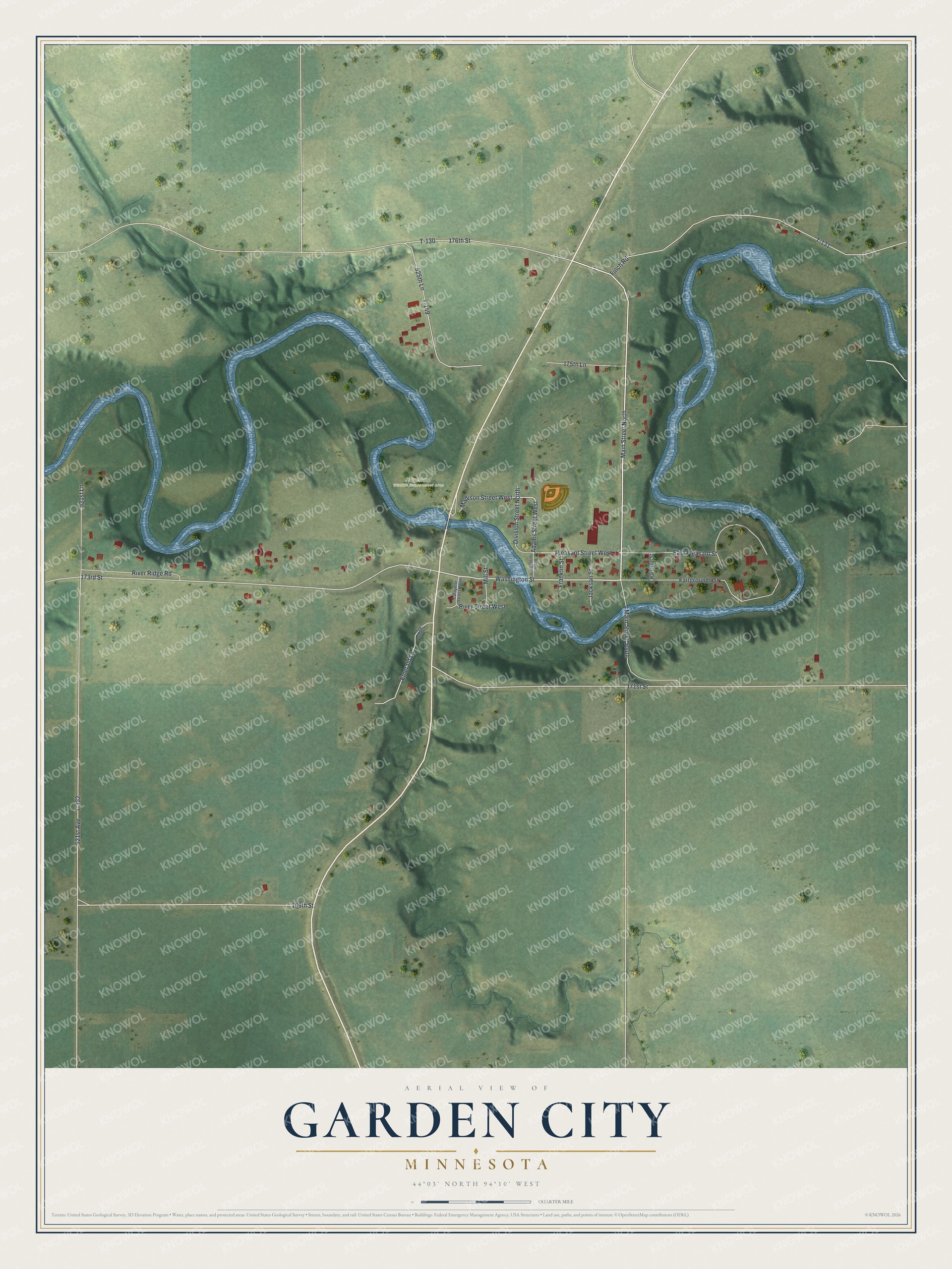 Full map of Garden City, Minnesota, with red buildings, printed street names and the land around them