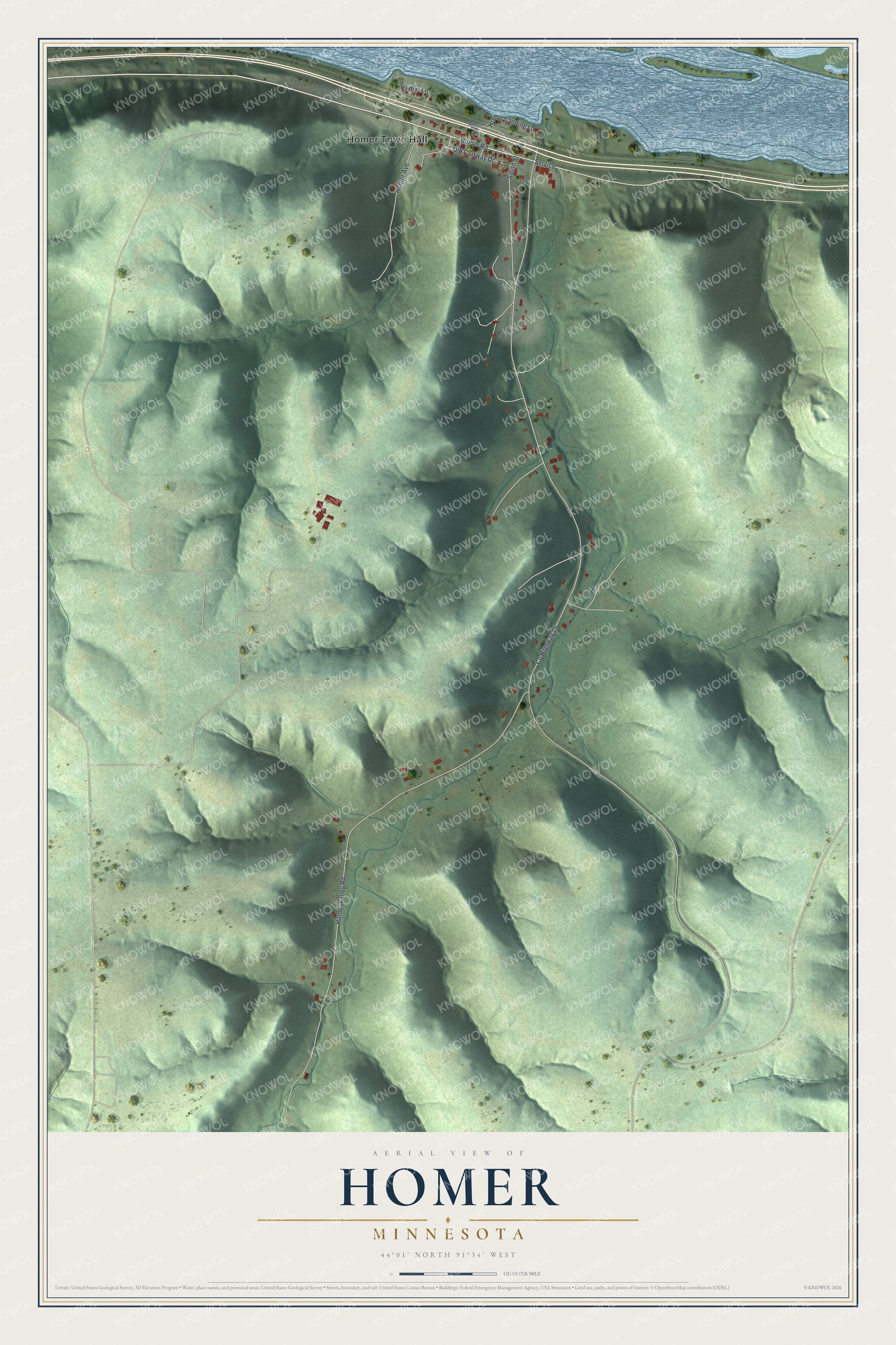 Full map of Homer, Minnesota, with red buildings, printed street names and the land around them