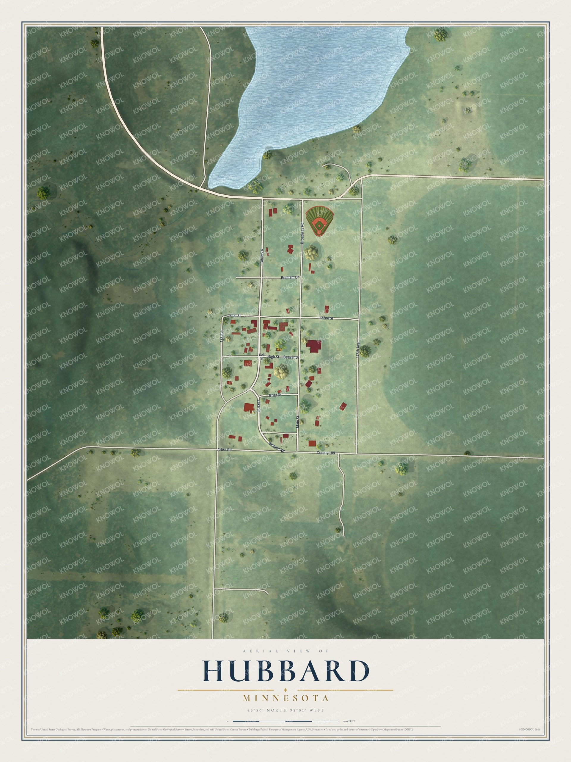 Full map of Hubbard, Minnesota, with red buildings, printed street names and the land around them