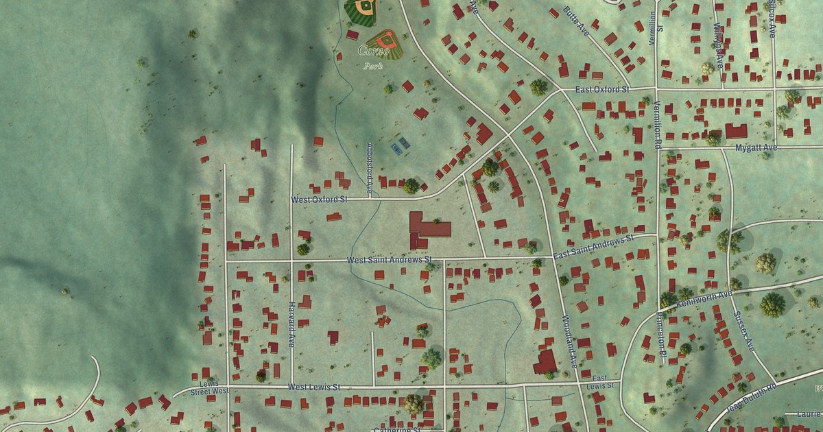 Close-up of streets and buildings in Hunters Park, Minnesota