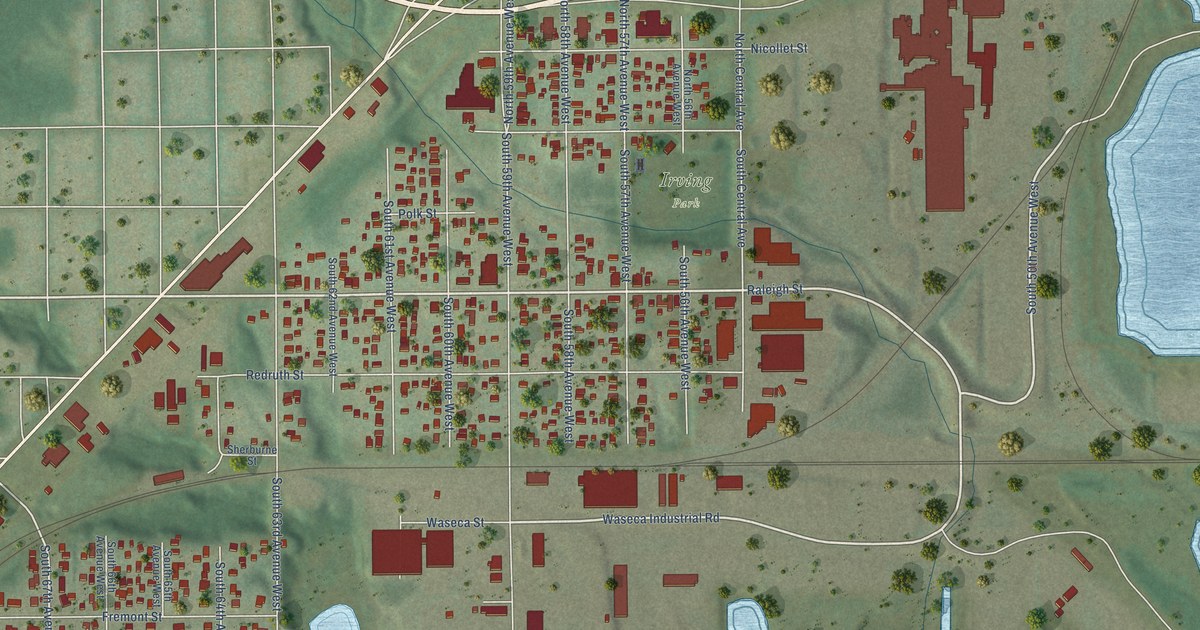 Close-up of streets and buildings in Irving, Minnesota