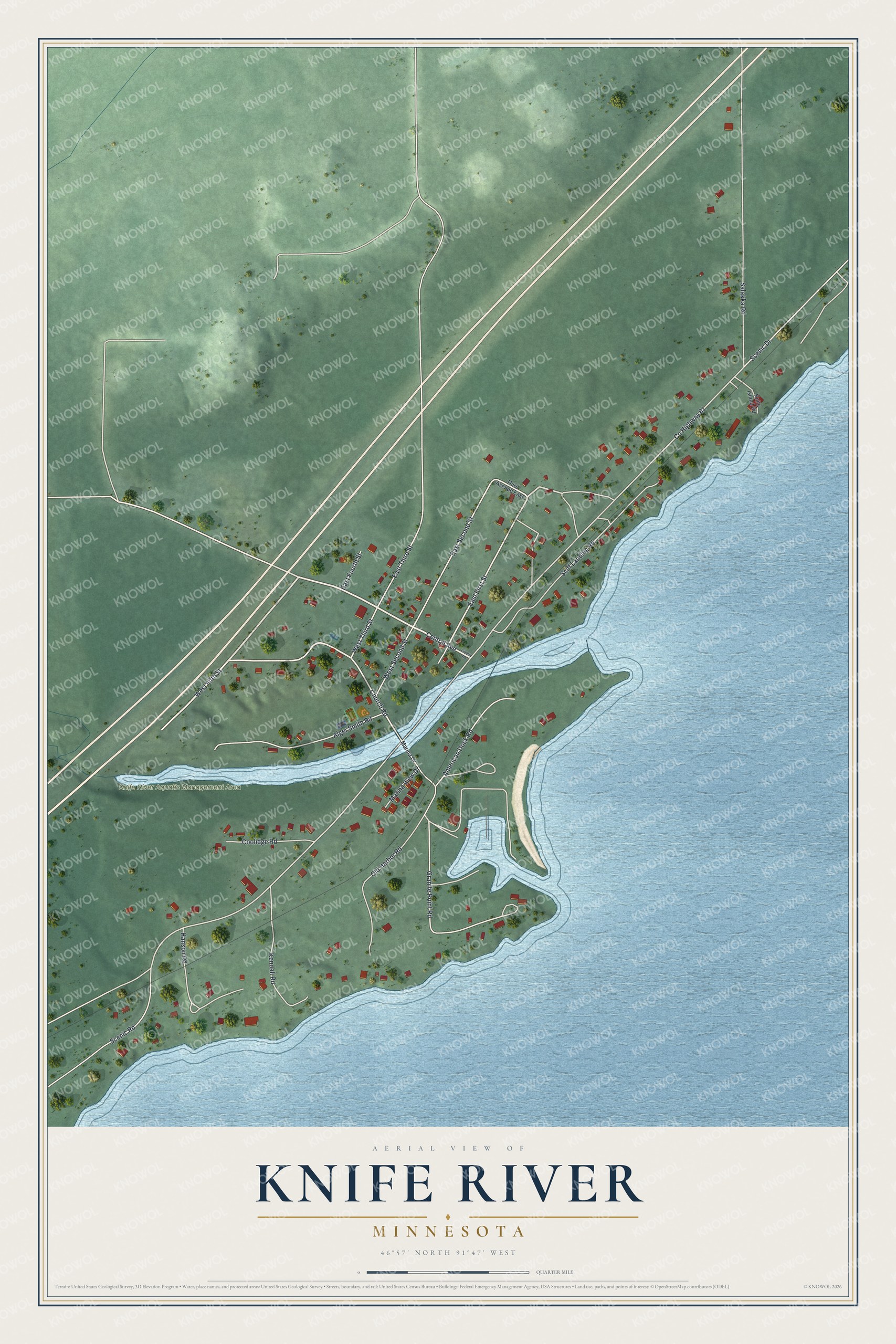 Full map of Knife River, Minnesota, with red buildings, printed street names and the land around them