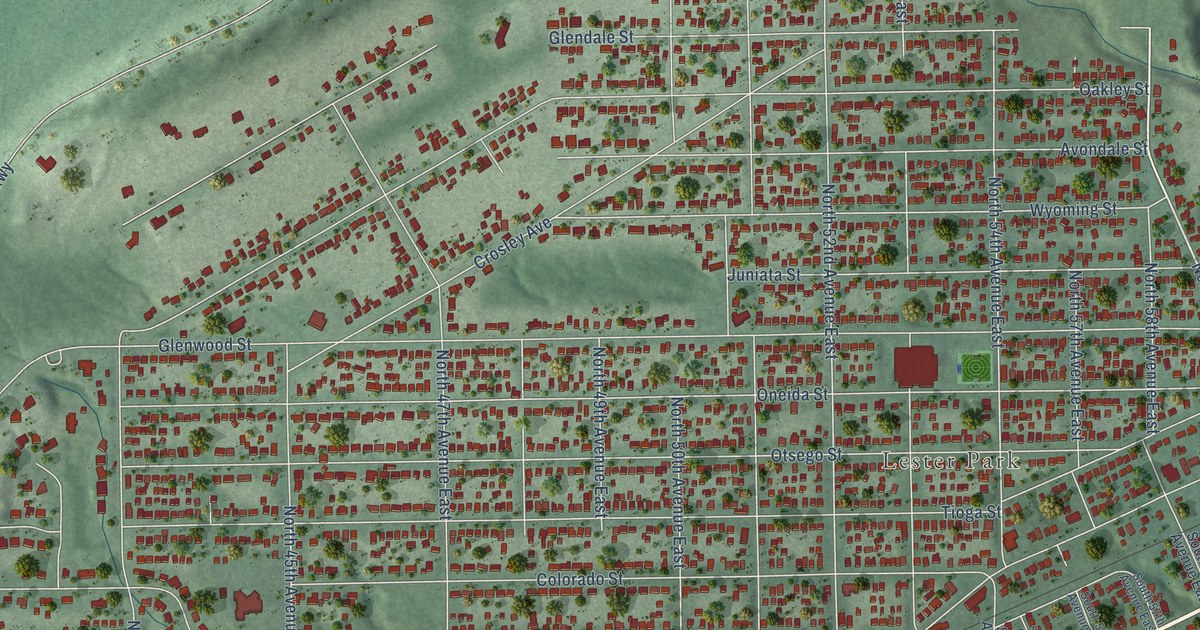 Close-up of streets and buildings in Lakeside-Lester Park, Minnesota