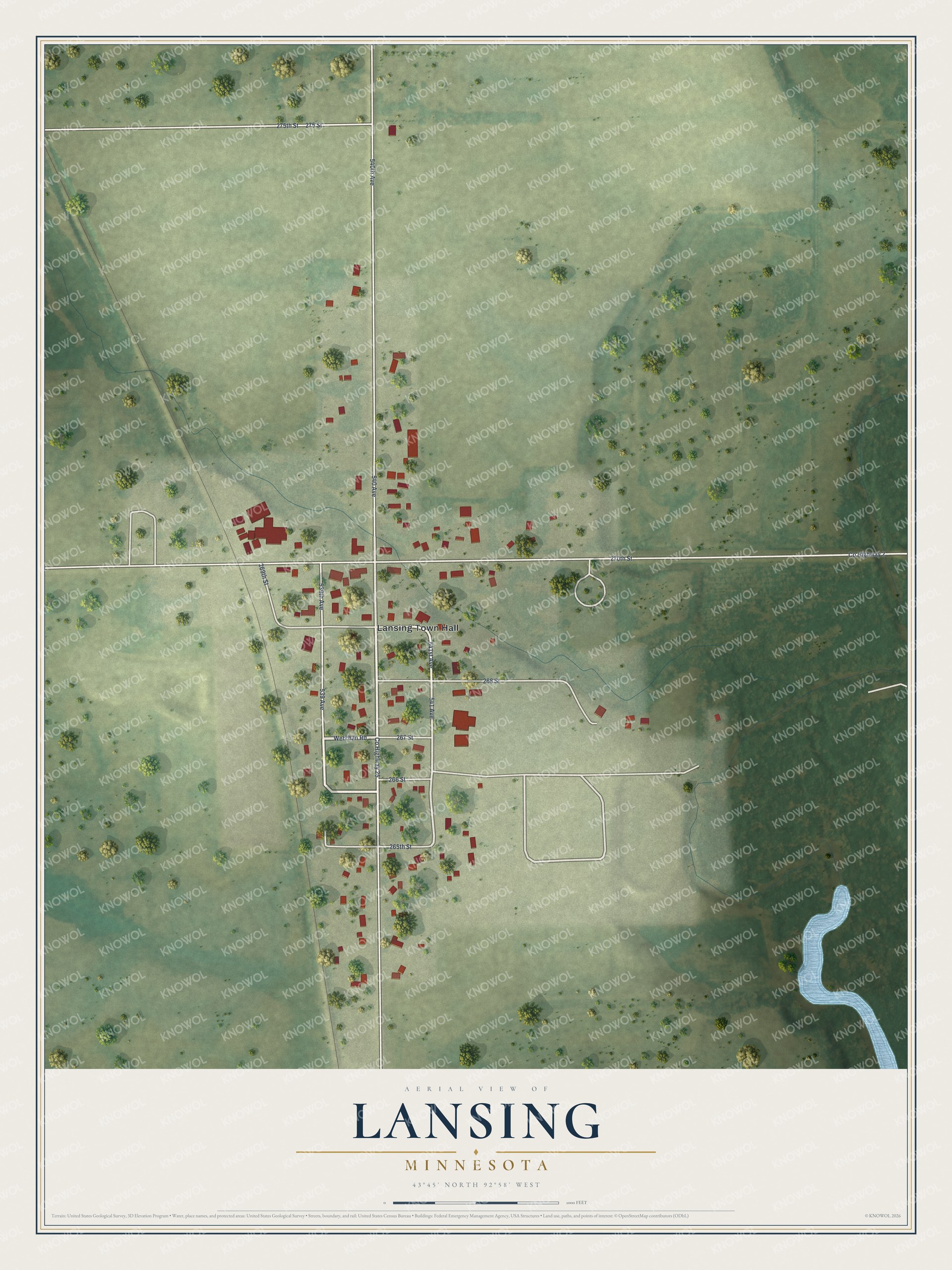 Full map of Lansing, Minnesota, with red buildings, printed street names and the land around them