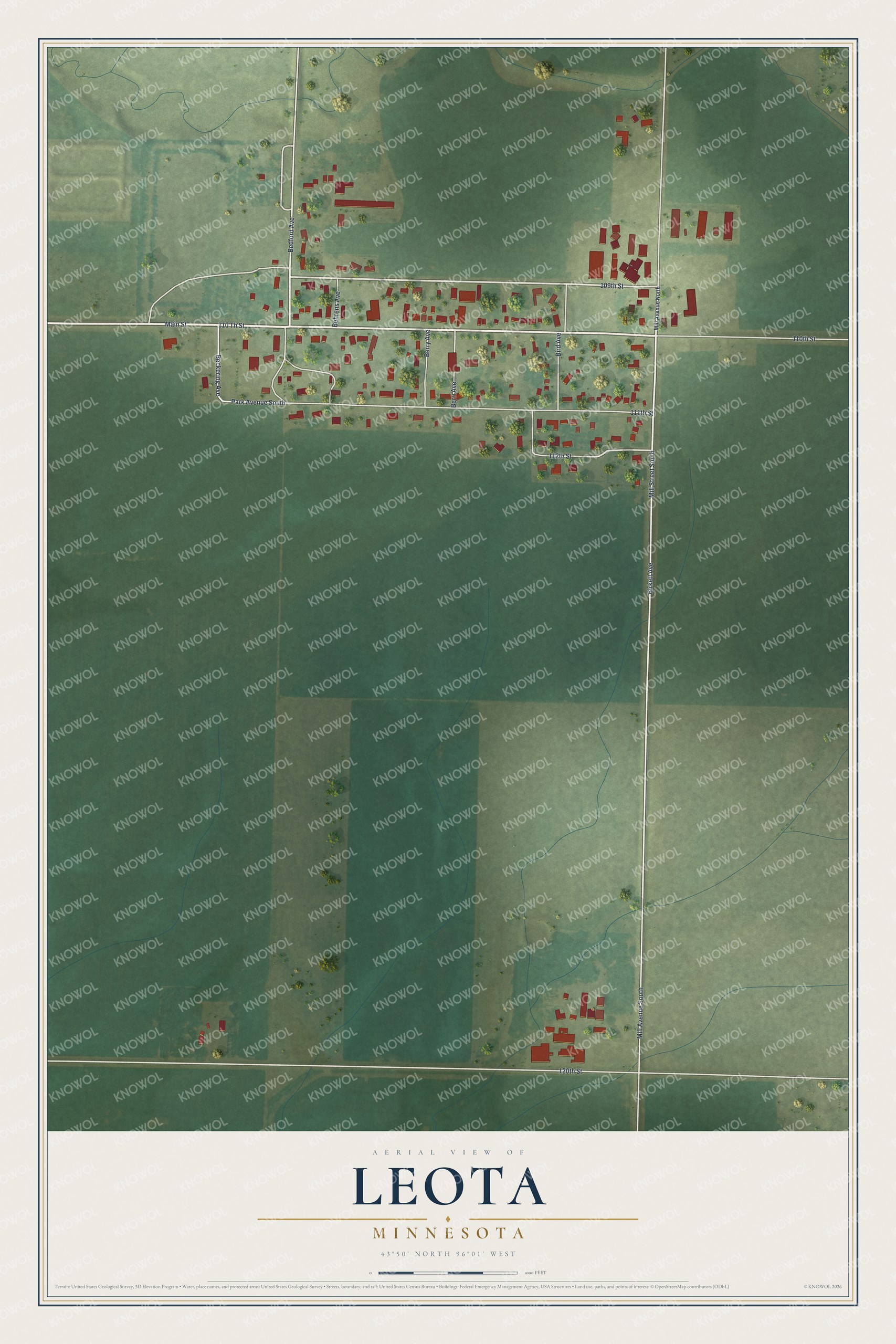 Full map of Leota, Minnesota, with red buildings, printed street names and the land around them