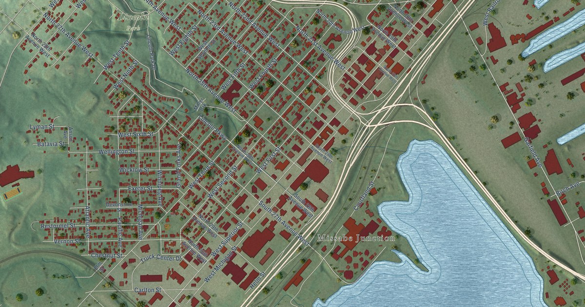 Close-up of streets and buildings in Lincoln Park, Minnesota