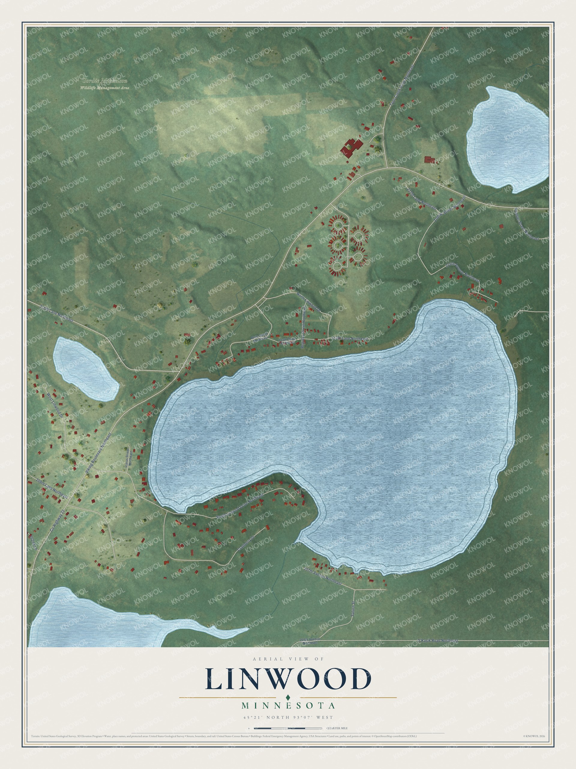 Full map of Linwood, Minnesota, with red buildings, printed street names and the land around them