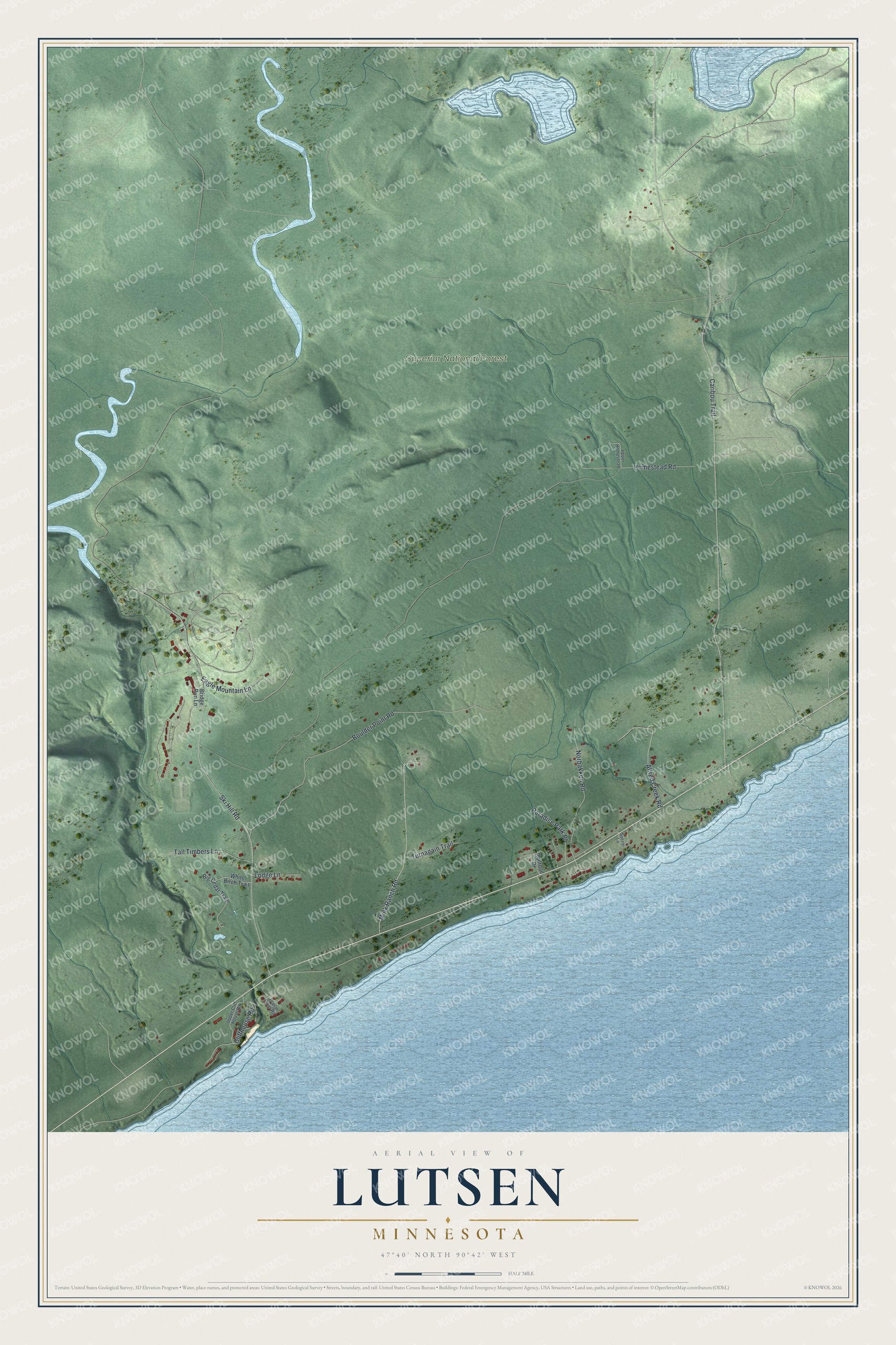 Full map of Lutsen, Minnesota, with red buildings, printed street names and the land around them