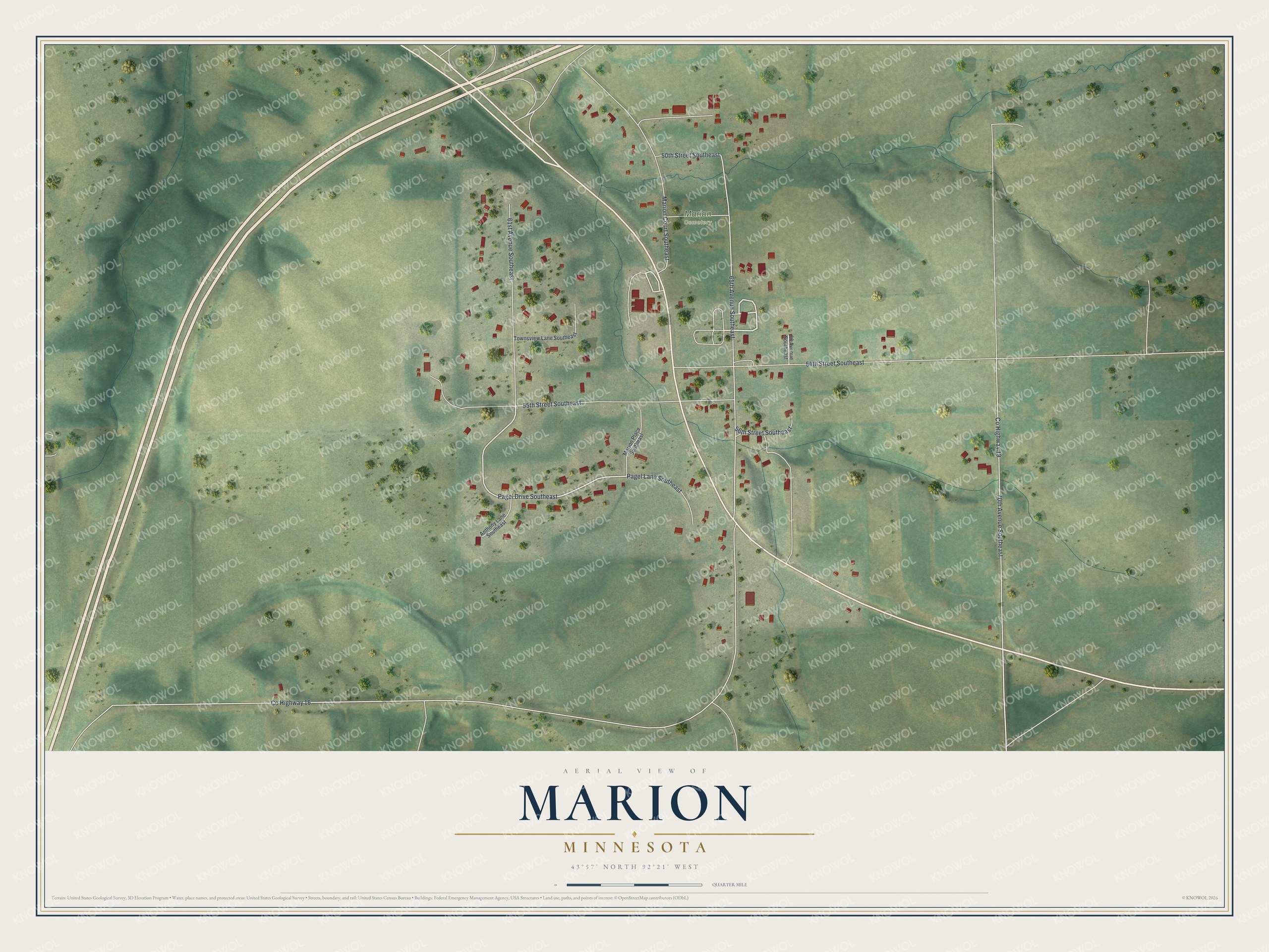 Full map of Marion, Minnesota, with red buildings, printed street names and the land around them