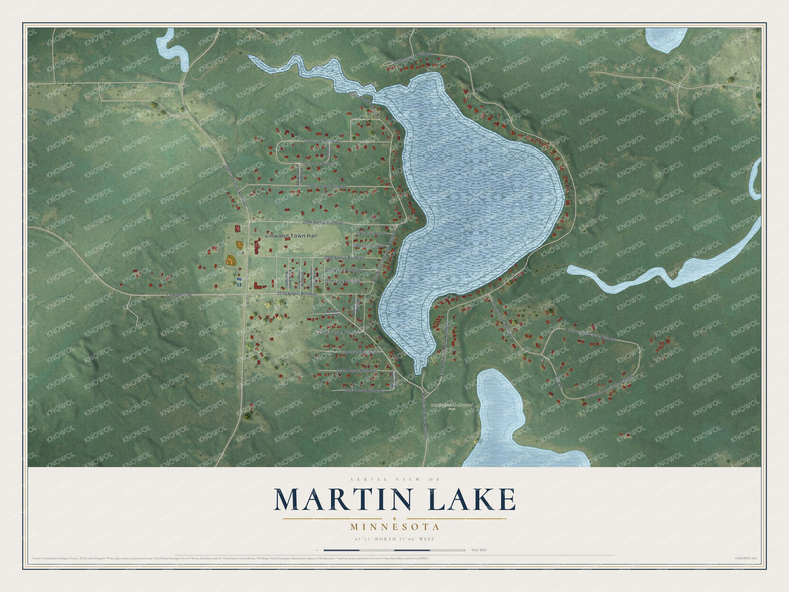 Full map of Martin Lake, Minnesota, with red buildings, printed street names and the land around them