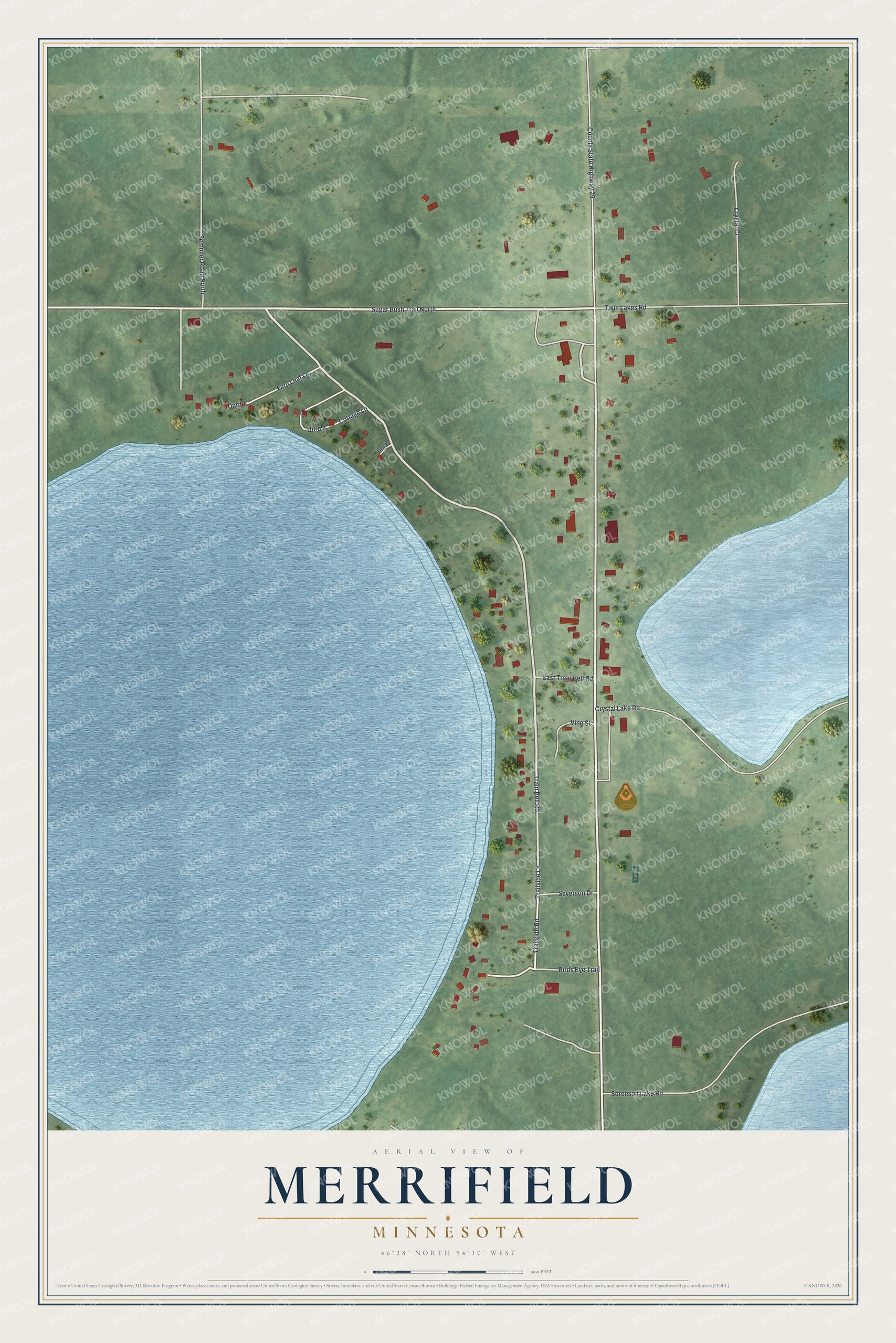 Full map of Merrifield, Minnesota, with red buildings, printed street names and the land around them