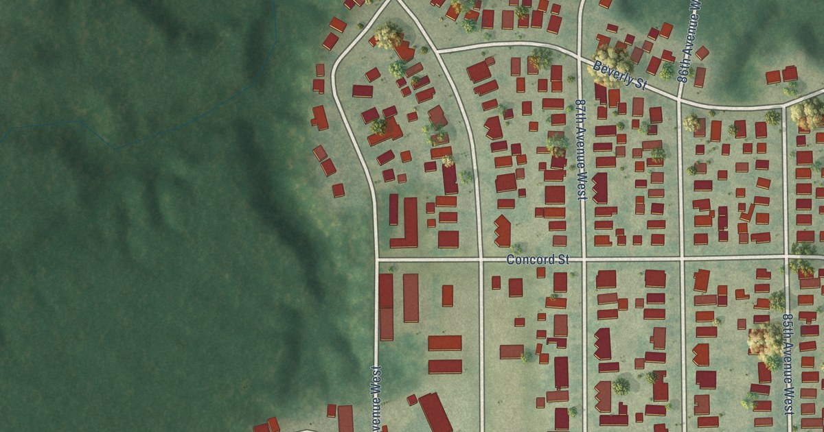 Close-up of streets and buildings in Morgan Park, Minnesota