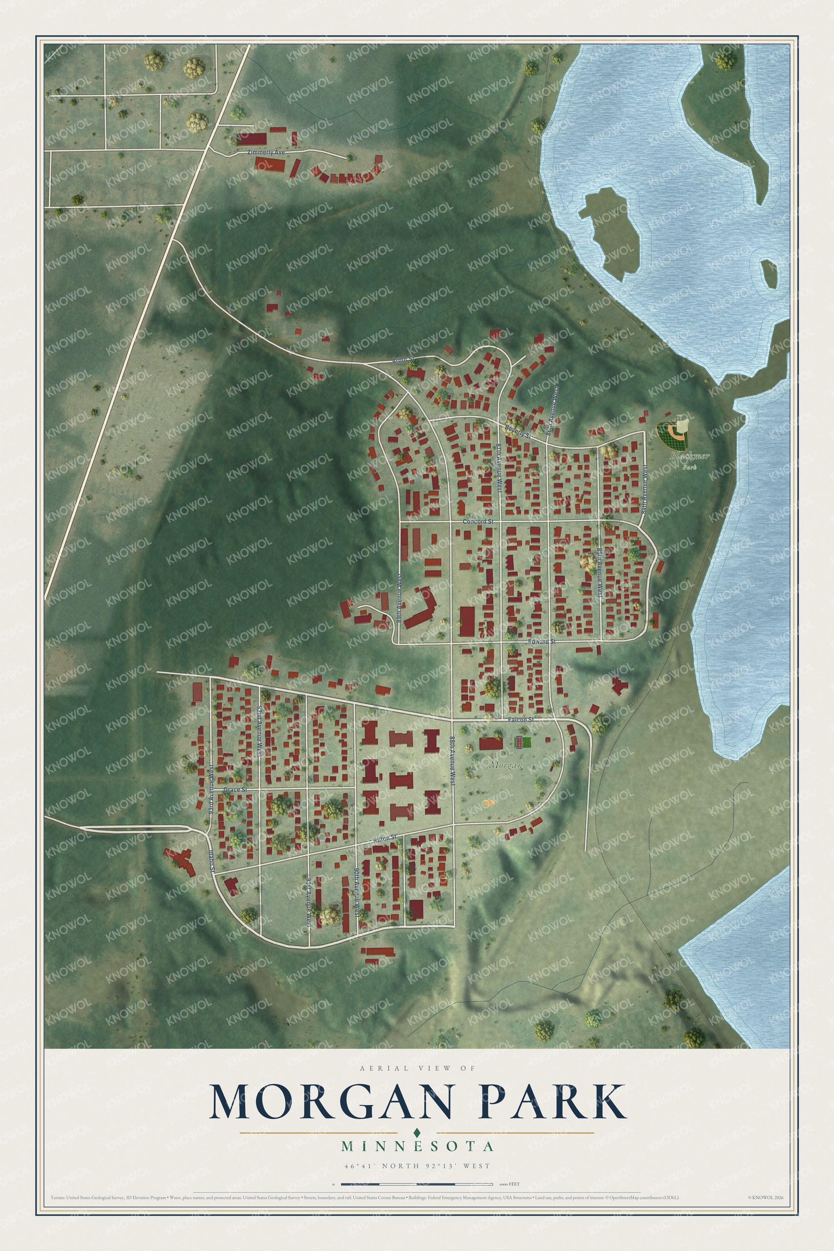 Full map of Morgan Park, Minnesota, with red buildings, printed street names and the land around them