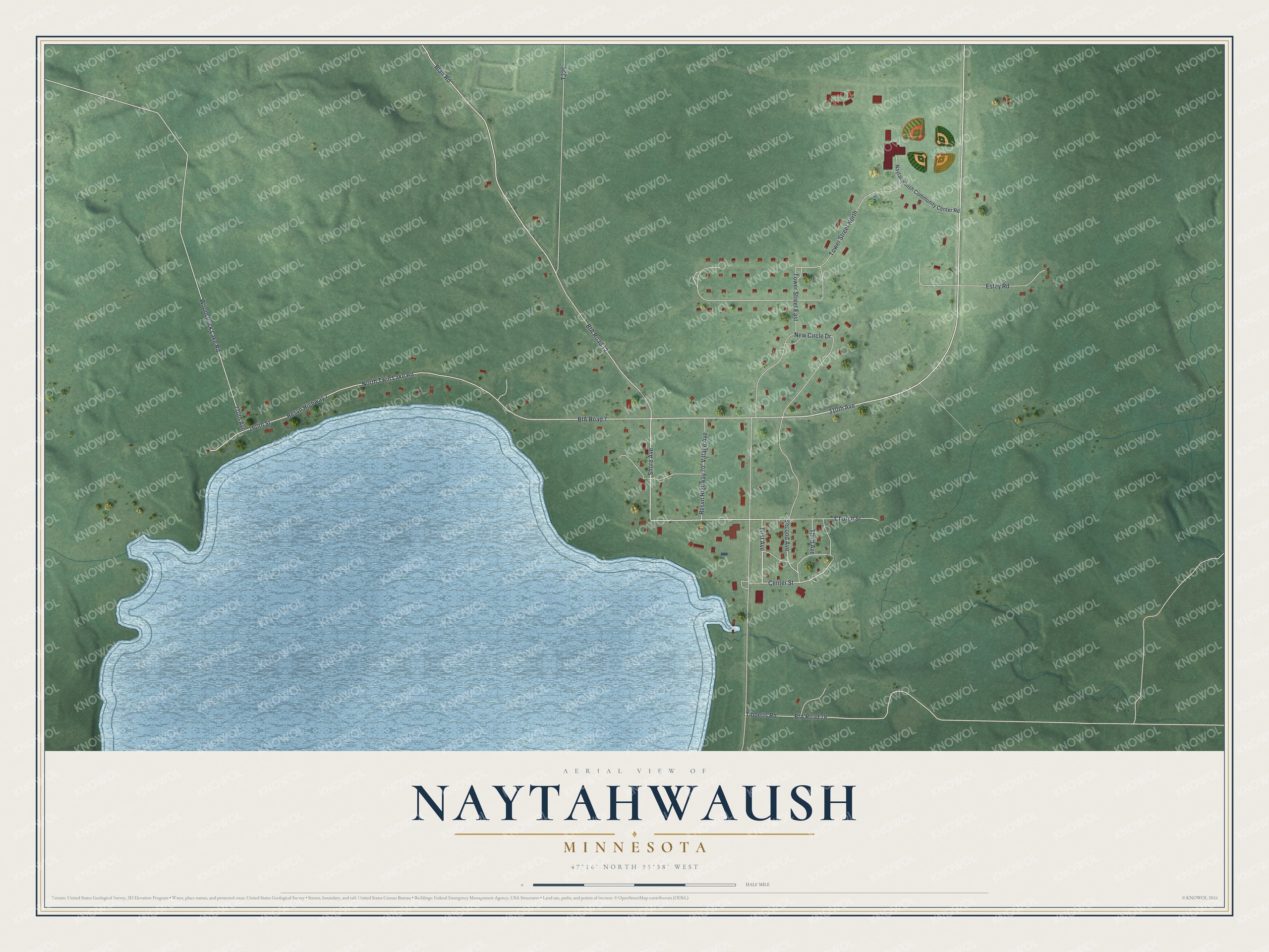 Full map of Naytahwaush, Minnesota, with red buildings, printed street names and the land around them