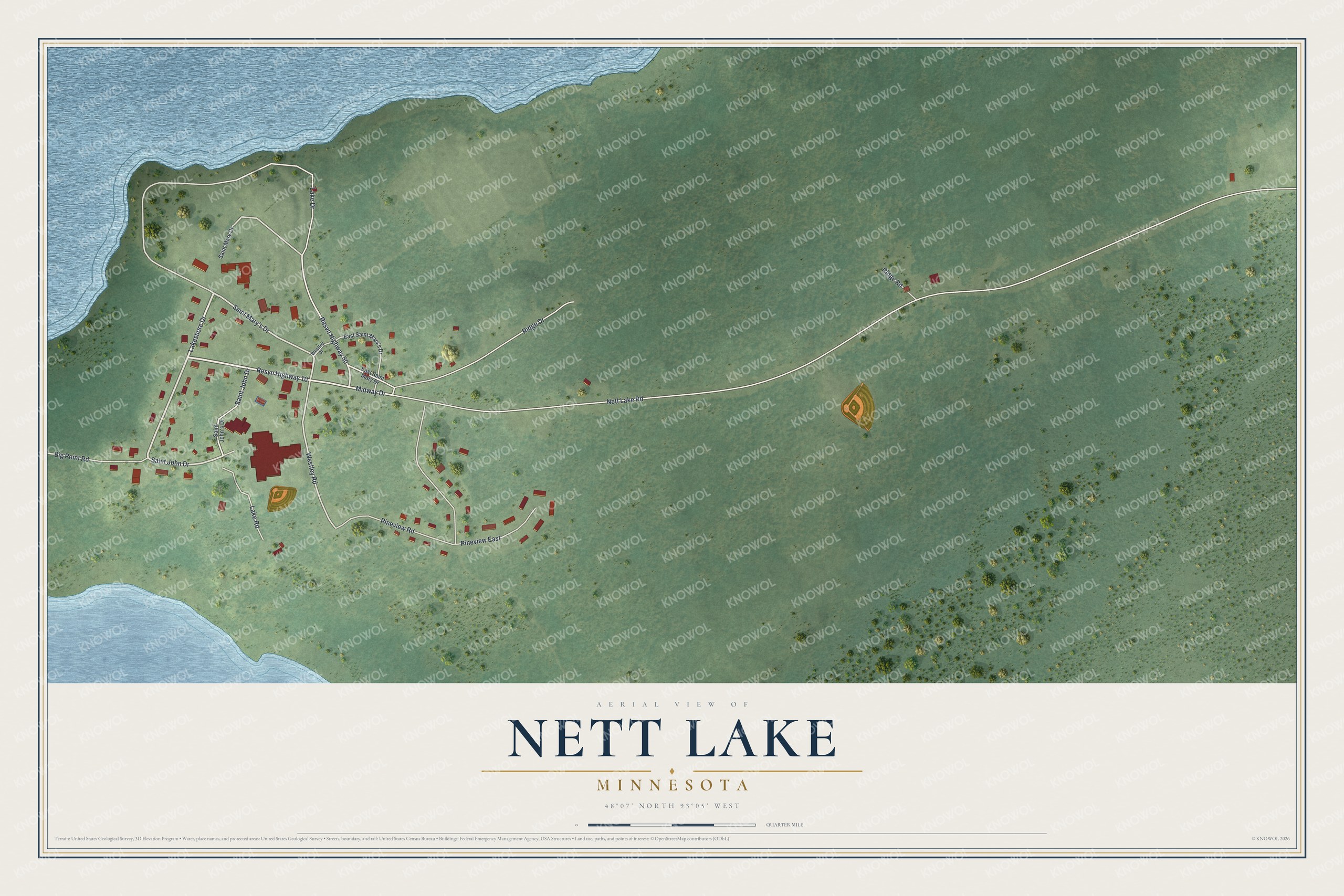 Full map of Nett Lake, Minnesota, with red buildings, printed street names and the land around them