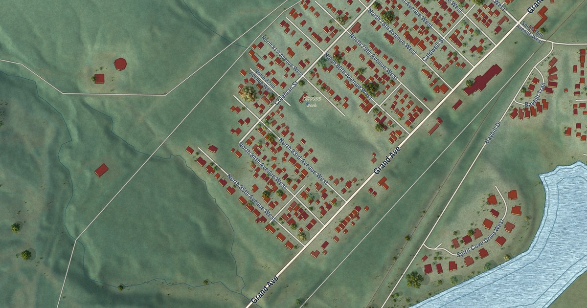 Close-up of streets and buildings in Norton Park, Minnesota
