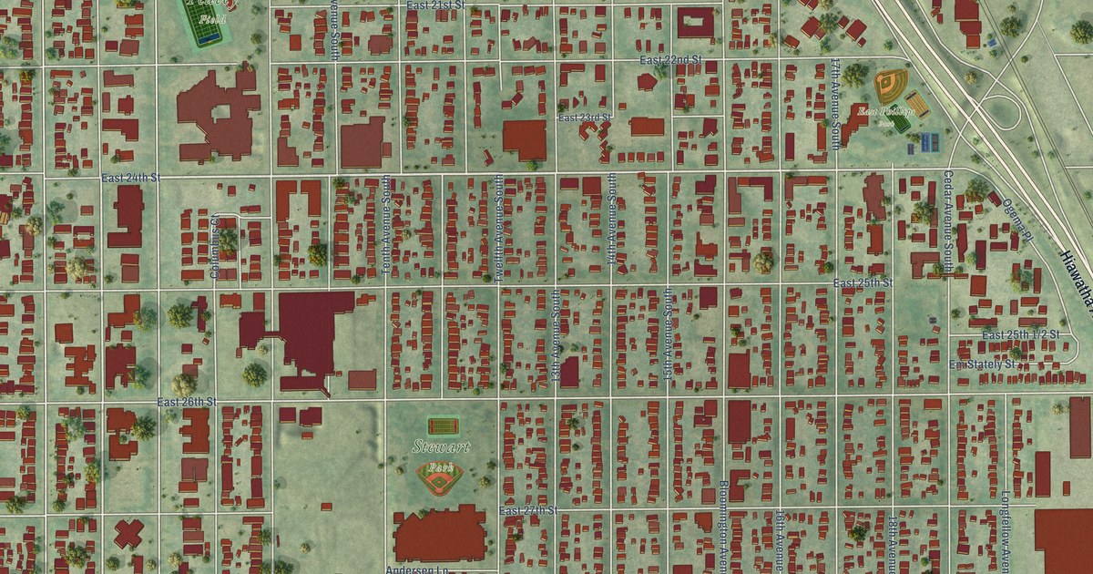 Close-up of streets and buildings in Phillips, Minnesota