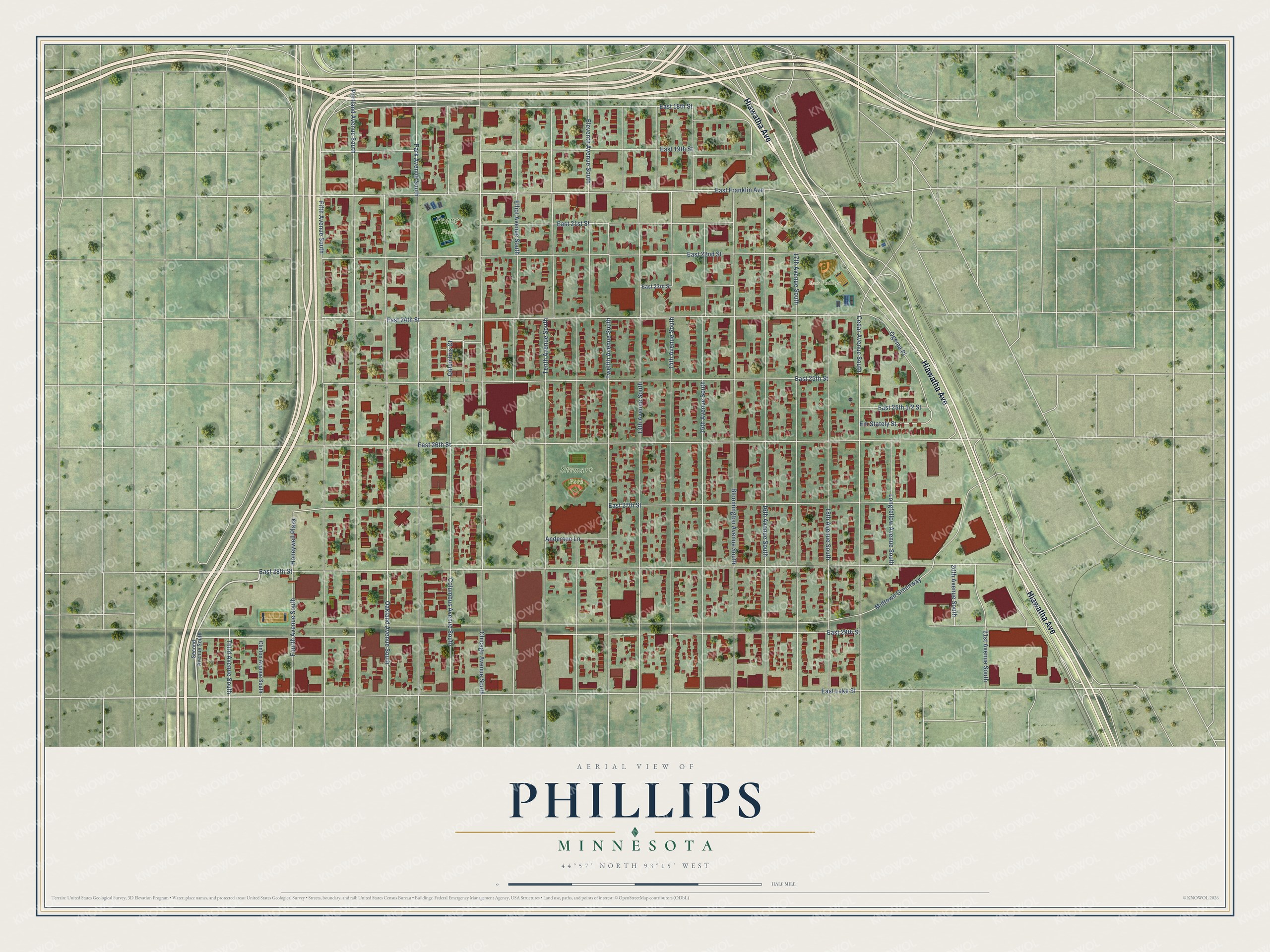Full map of Phillips, Minnesota, with red buildings, printed street names and the land around them
