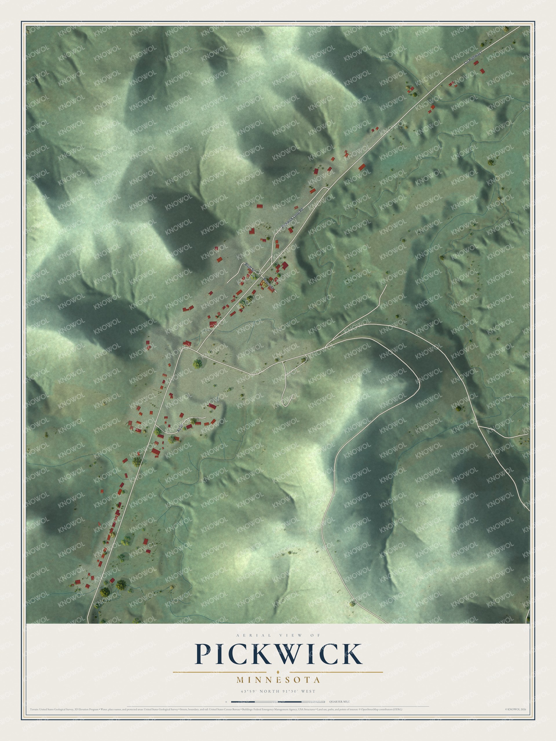 Full map of Pickwick, Minnesota, with red buildings, printed street names and the land around them