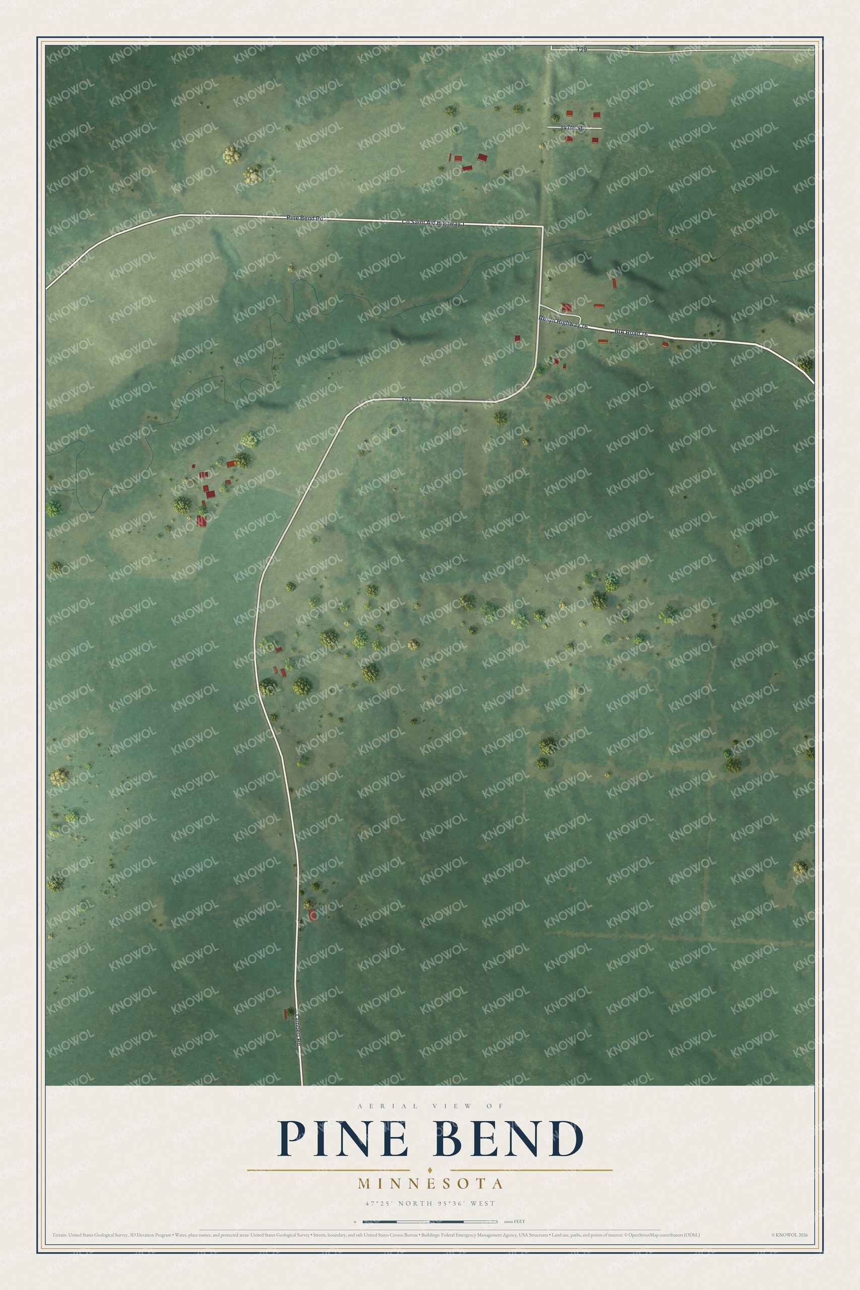 Full map of Pine Bend, Minnesota, with red buildings, printed street names and the land around them