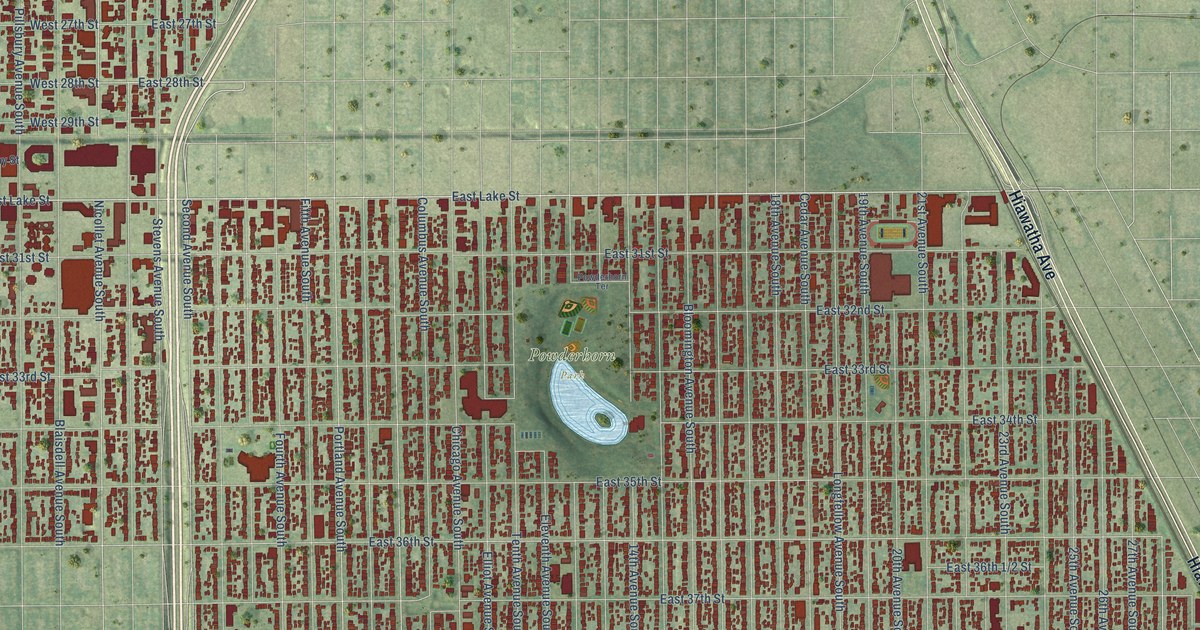 Close-up of streets and buildings in Powderhorn, Minnesota