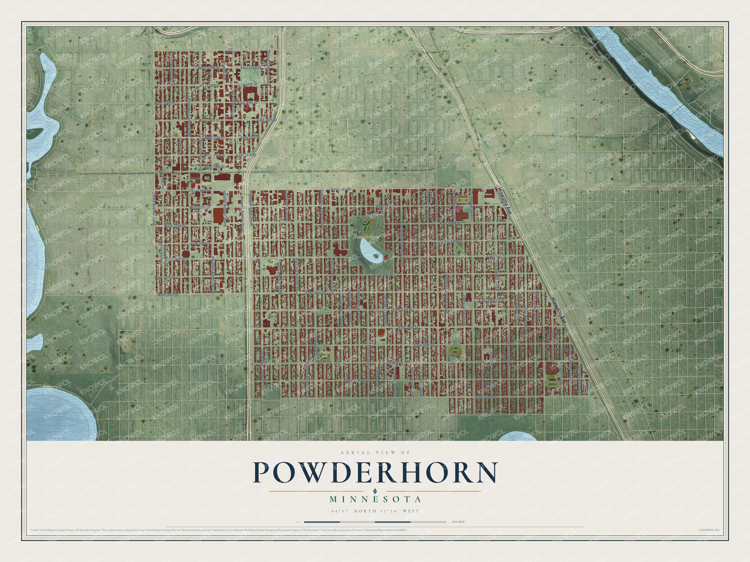 Full map of Powderhorn, Minnesota, with red buildings, printed street names and the land around them