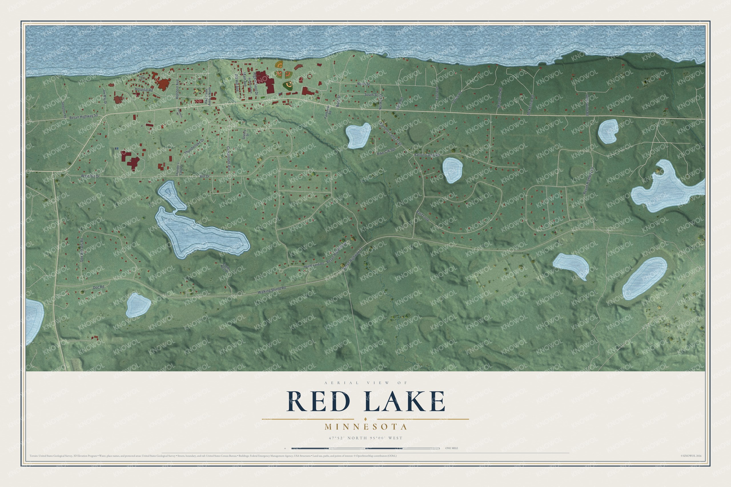 Full map of Red Lake, Minnesota, with red buildings, printed street names and the land around them