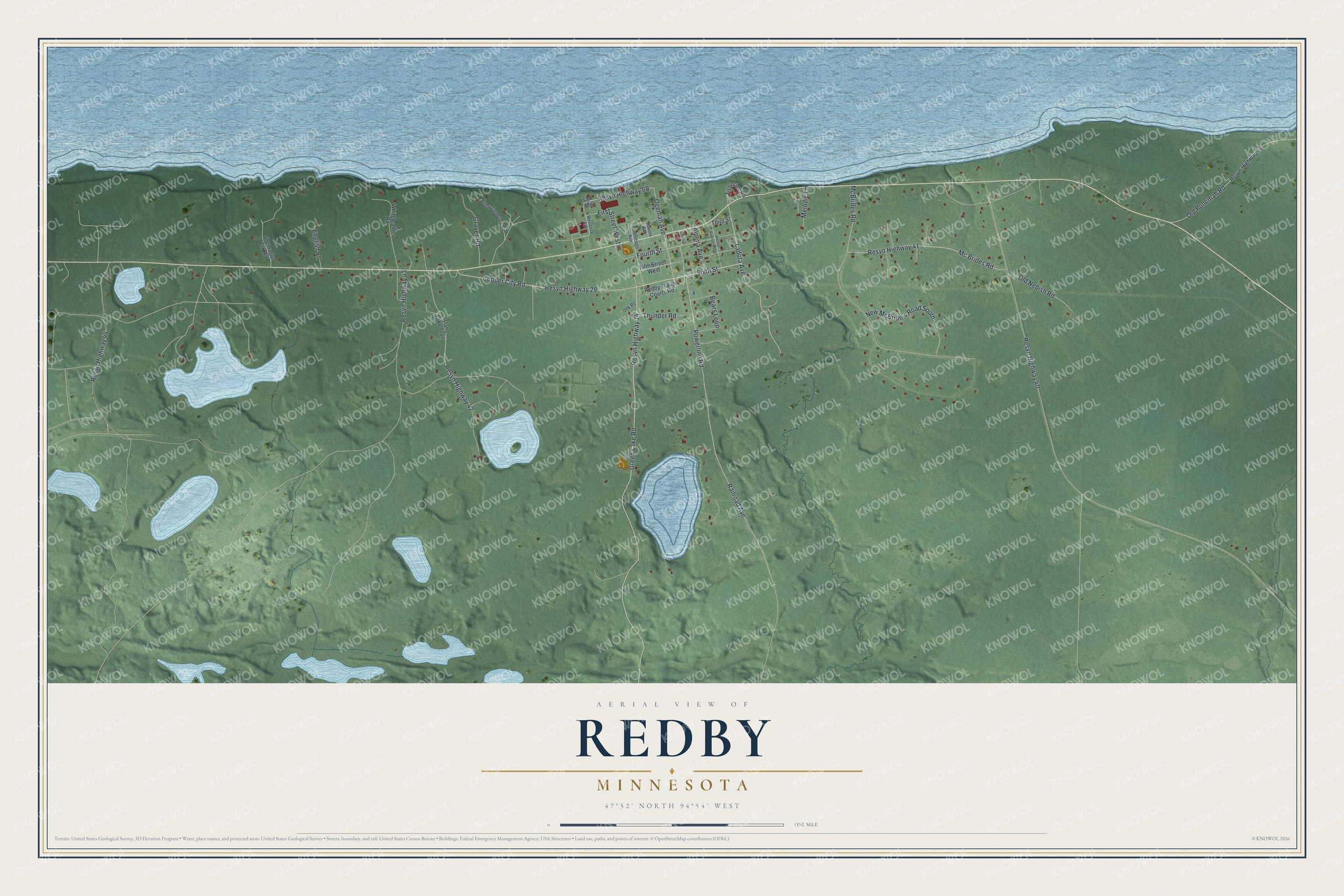 Full map of Redby, Minnesota, with red buildings, printed street names and the land around them