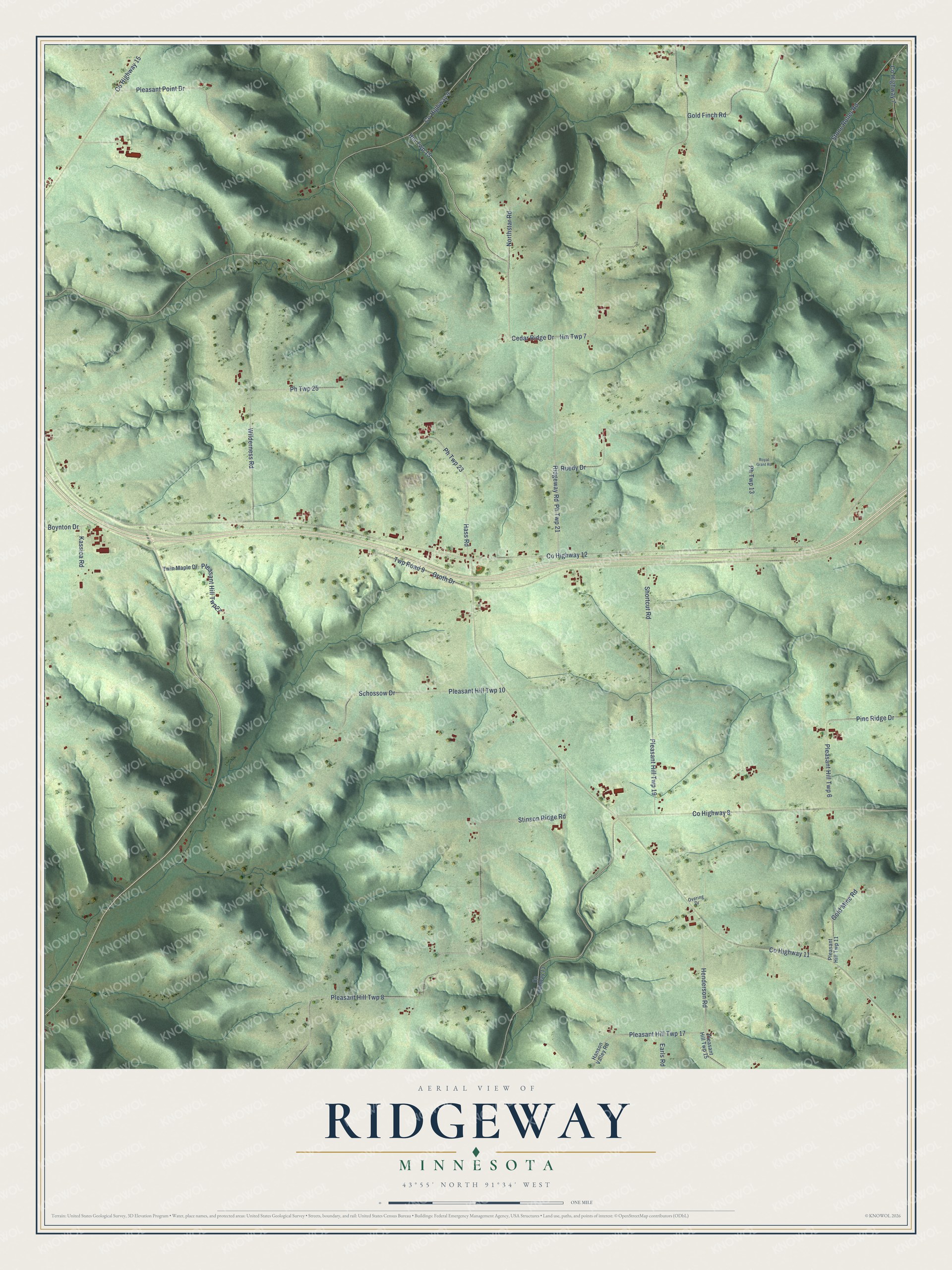 Full map of Ridgeway, Minnesota, with red buildings, printed street names and the land around them