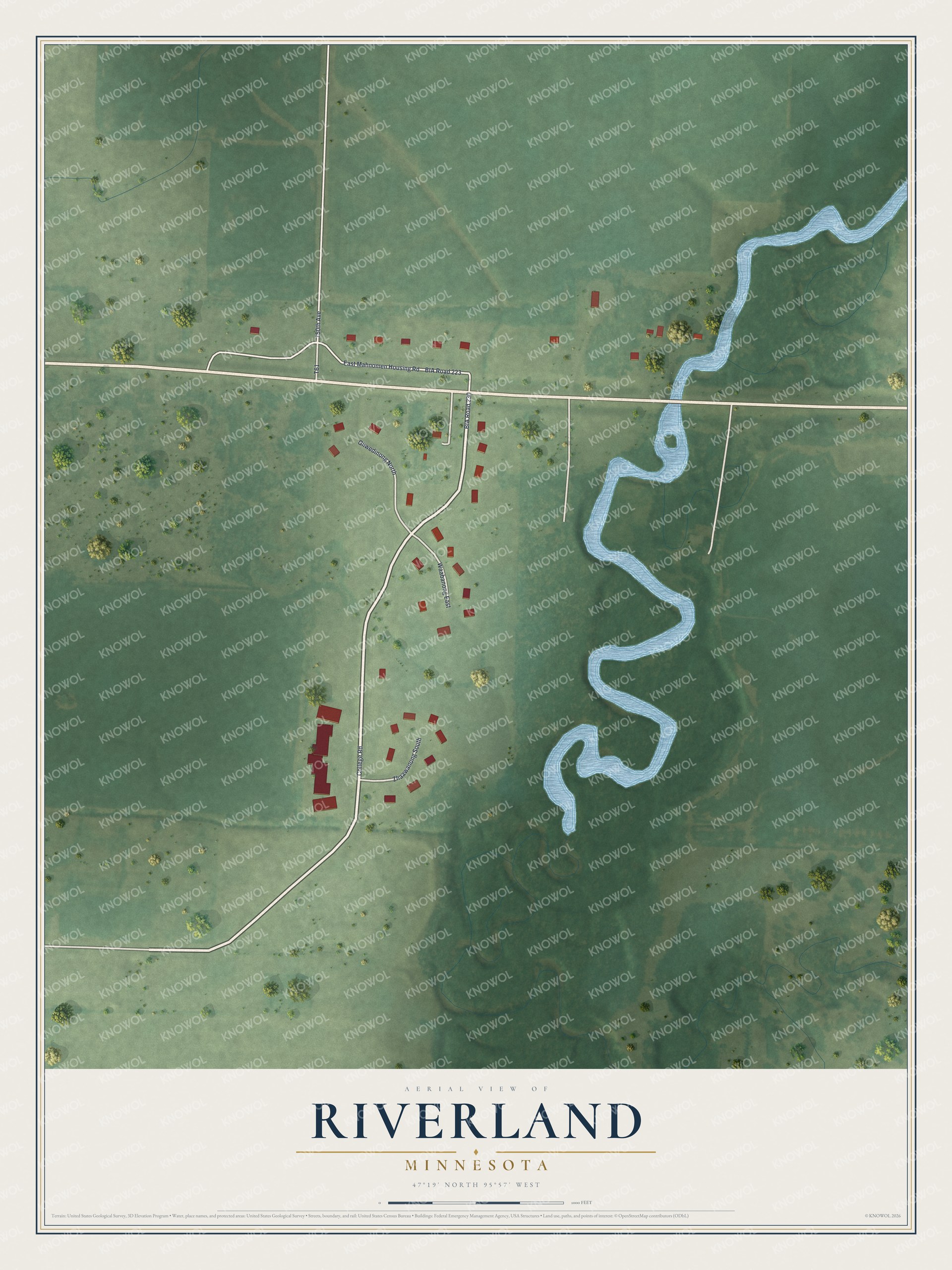 Full map of Riverland, Minnesota, with red buildings, printed street names and the land around them
