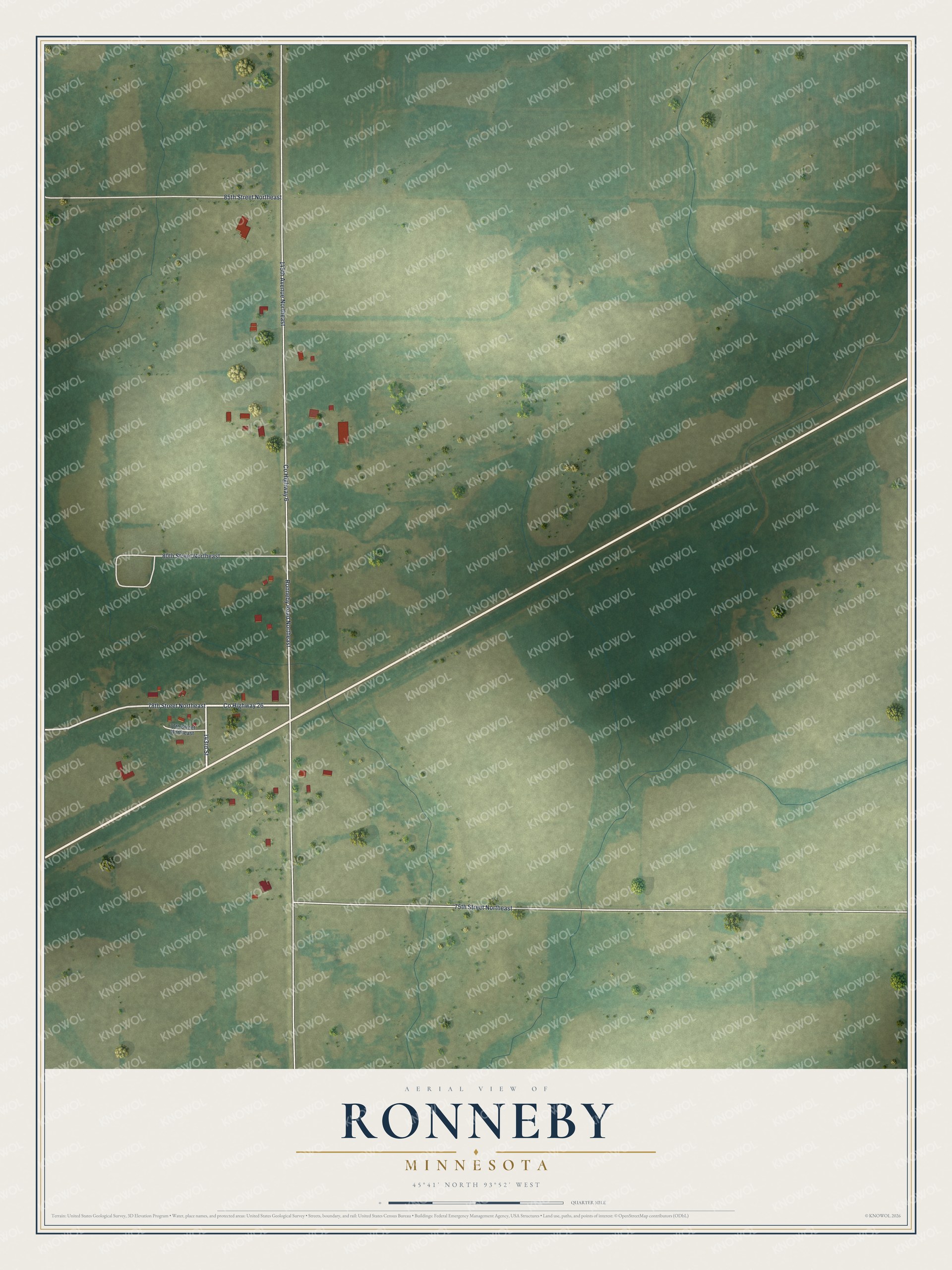 Full map of Ronneby, Minnesota, with red buildings, printed street names and the land around them