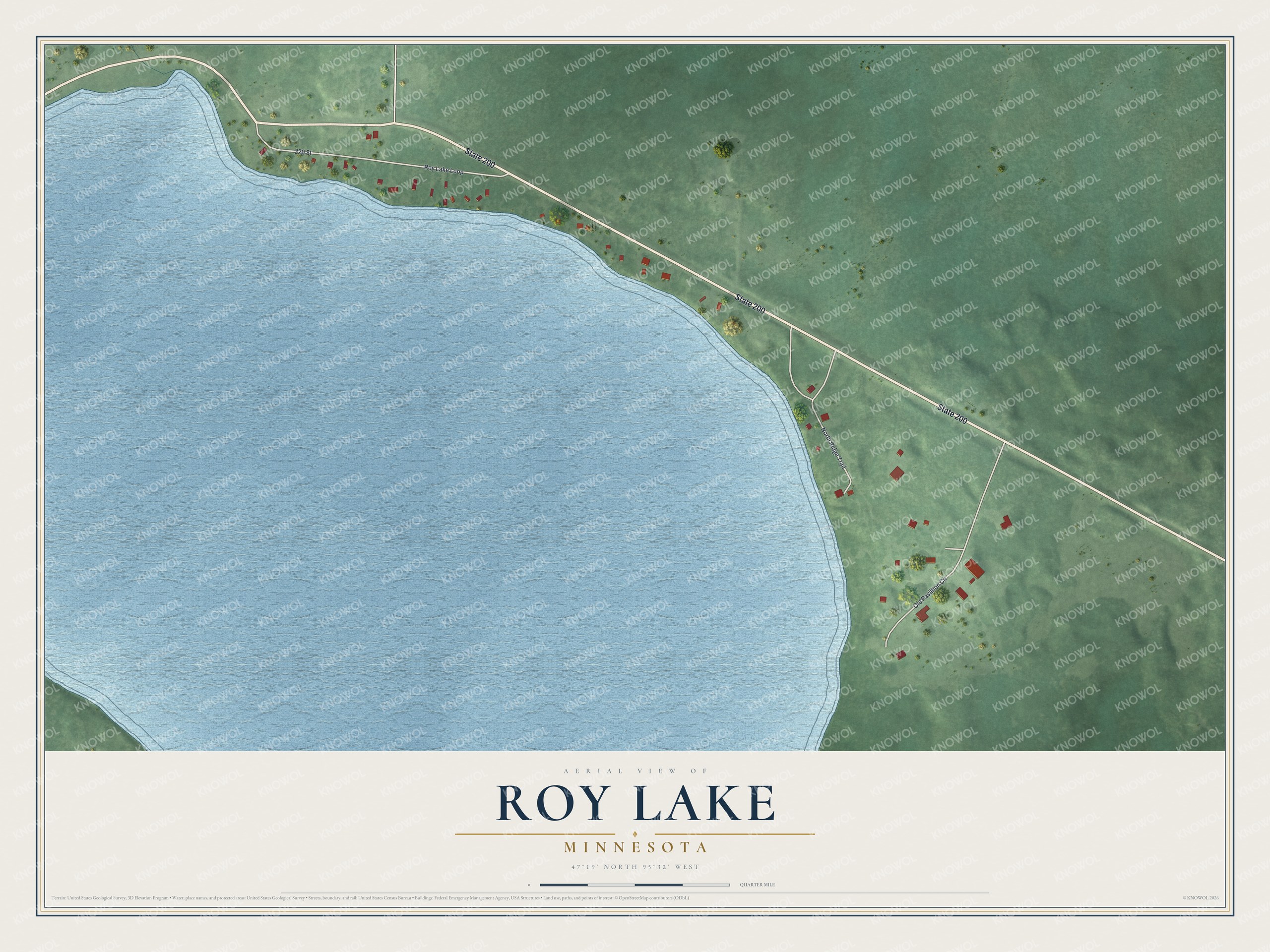 Full map of Roy Lake, Minnesota, with red buildings, printed street names and the land around them