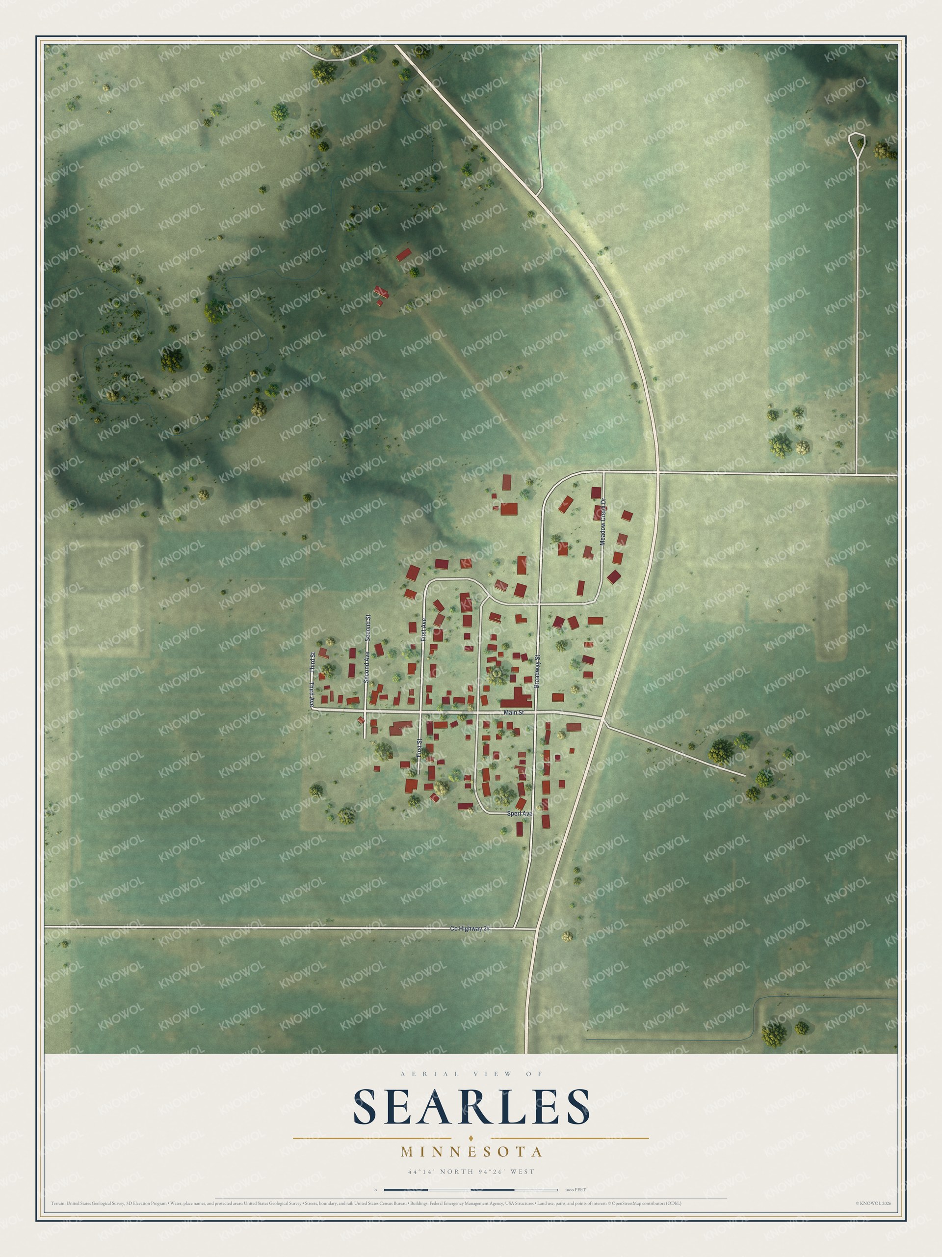 Full map of Searles, Minnesota, with red buildings, printed street names and the land around them