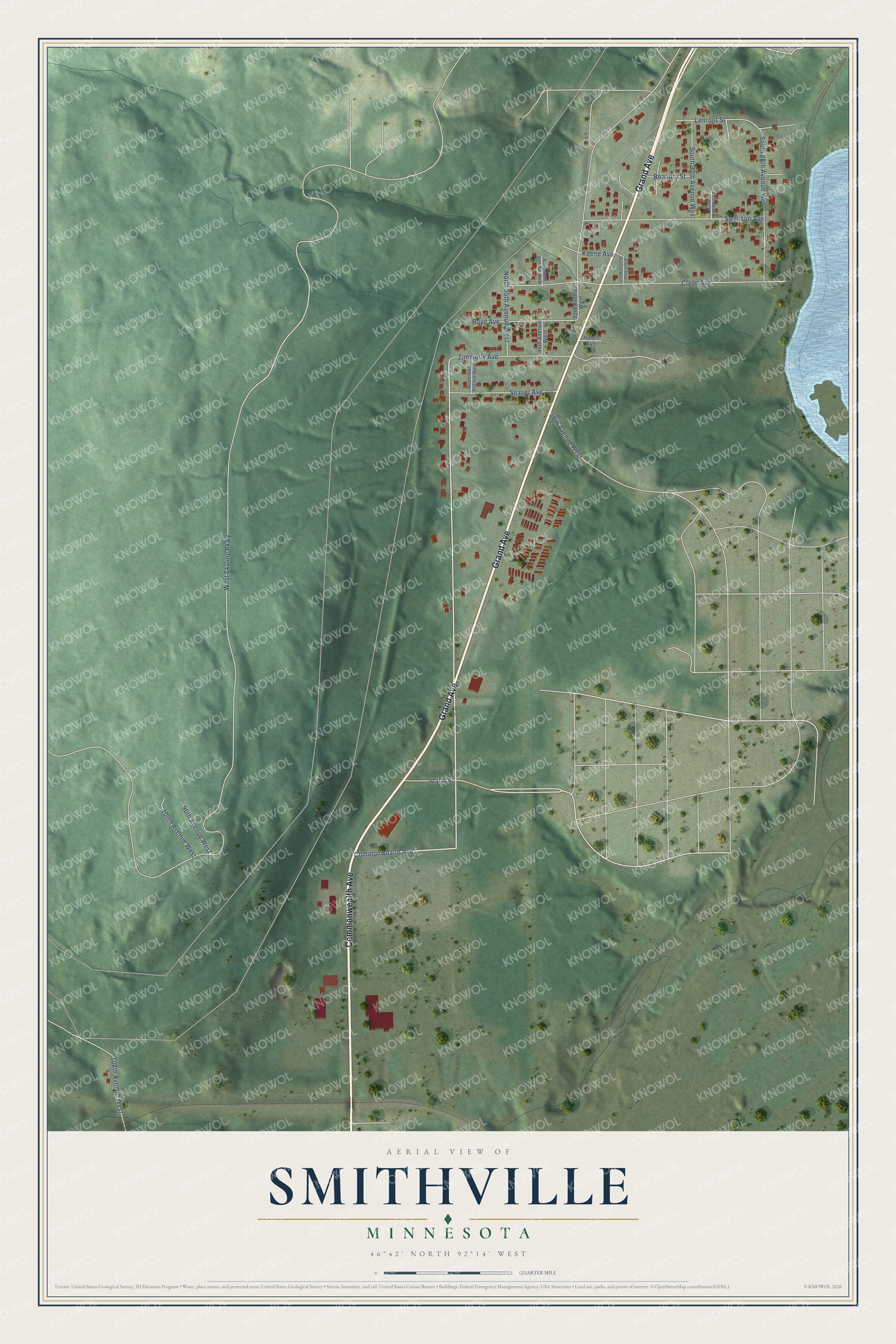 Full map of Smithville, Minnesota, with red buildings, printed street names and the land around them
