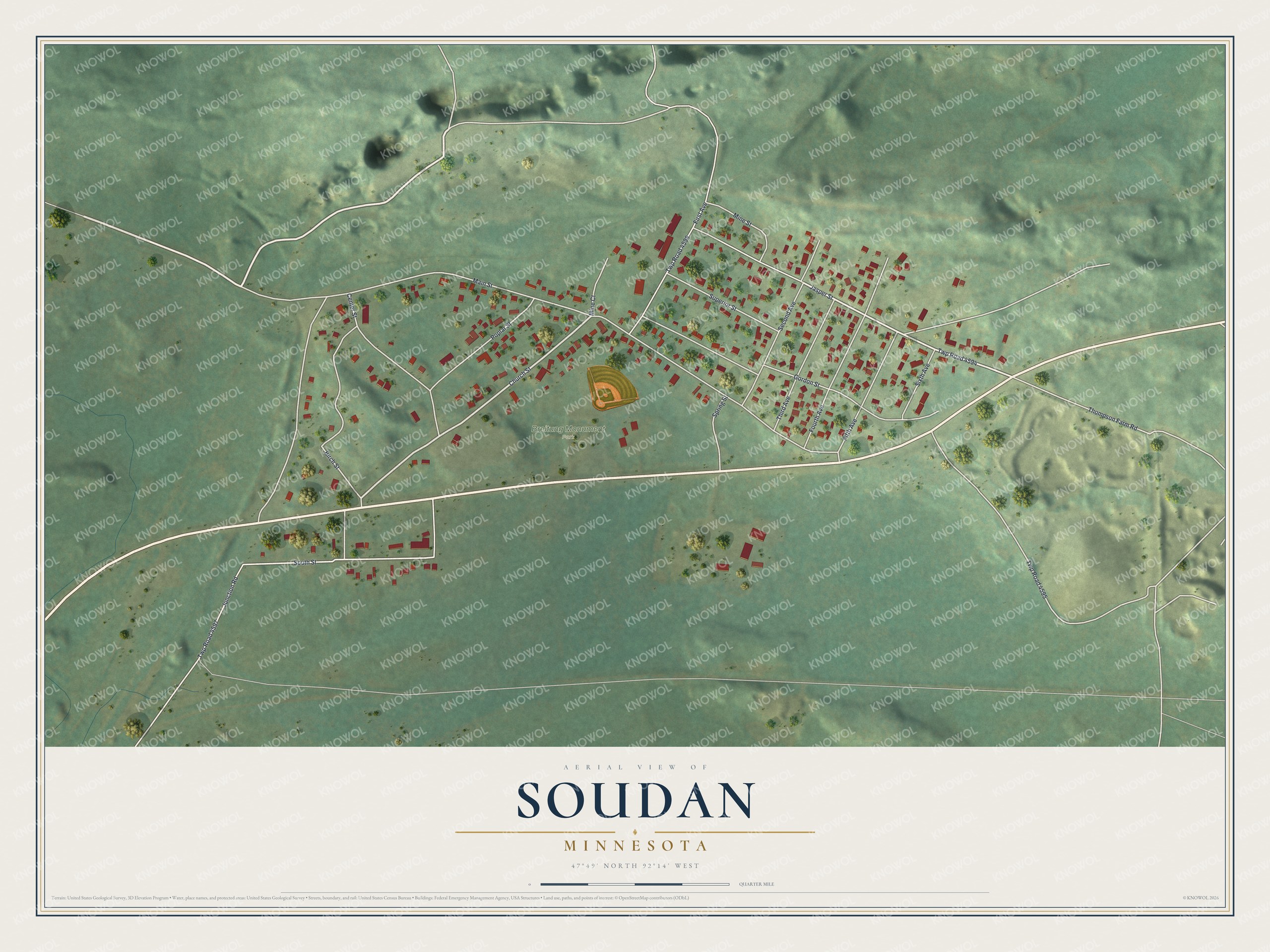 Full map of Soudan, Minnesota, with red buildings, printed street names and the land around them