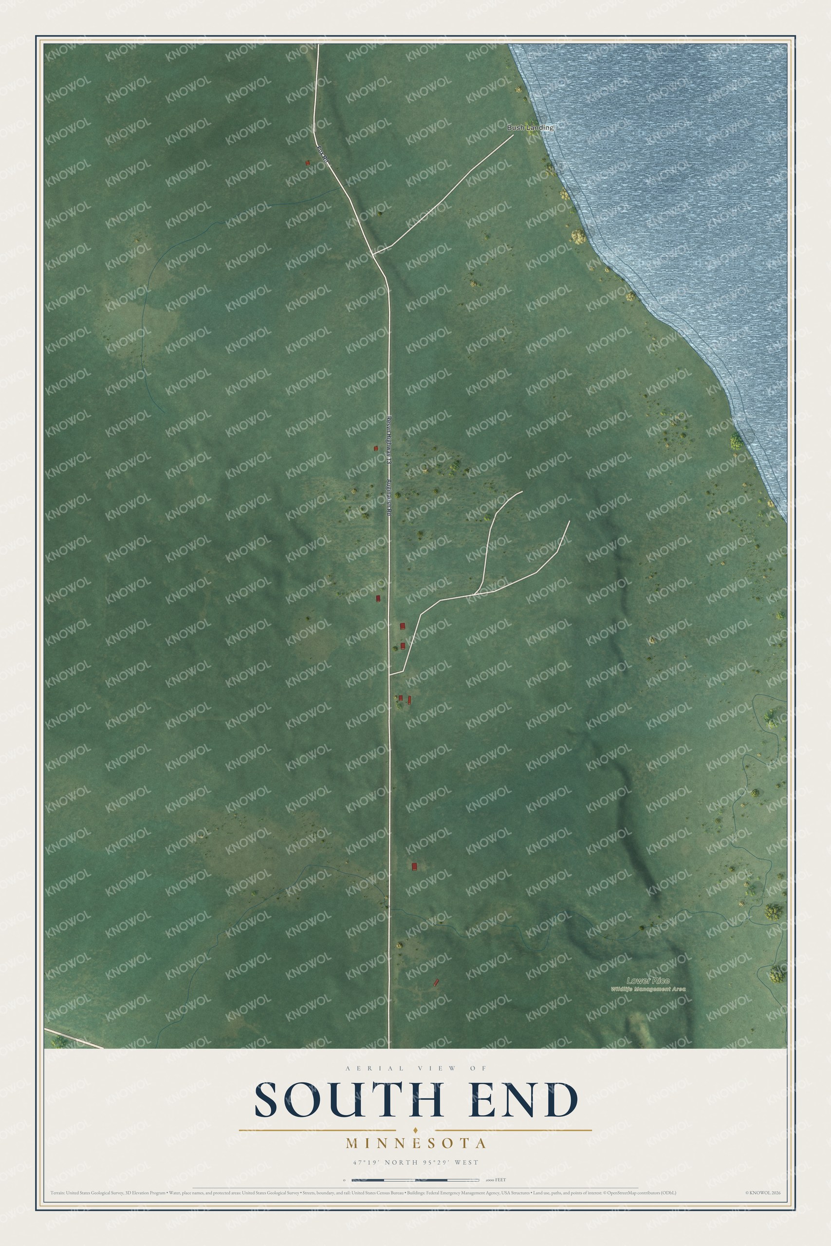 Full map of South End, Minnesota, with red buildings, printed street names and the land around them