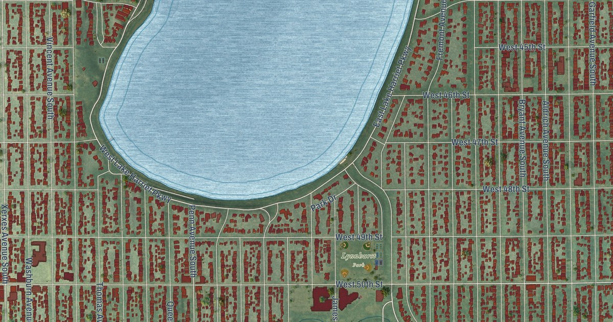 Close-up of streets and buildings in Southwest, Minnesota