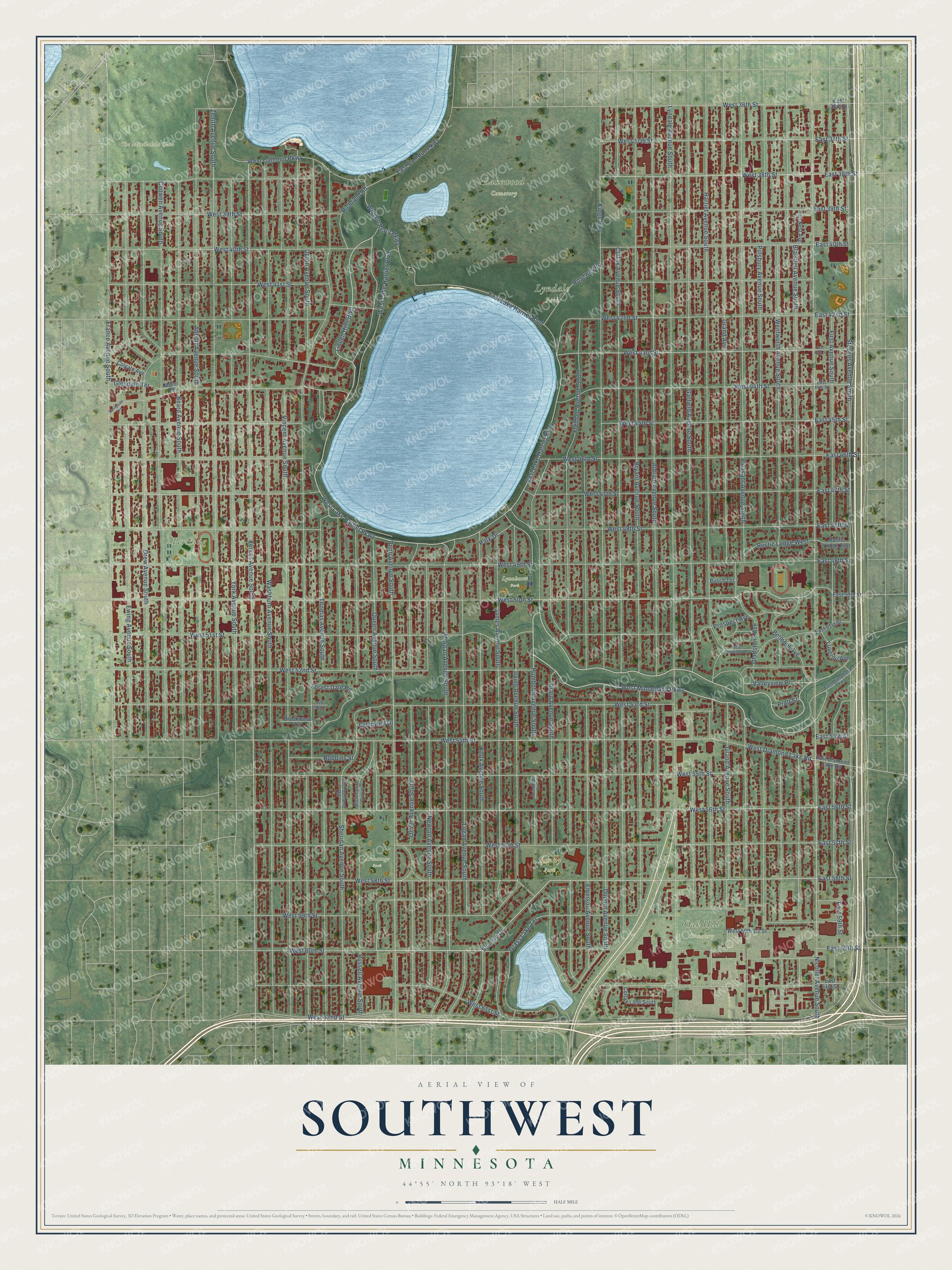 Full map of Southwest, Minnesota, with red buildings, printed street names and the land around them
