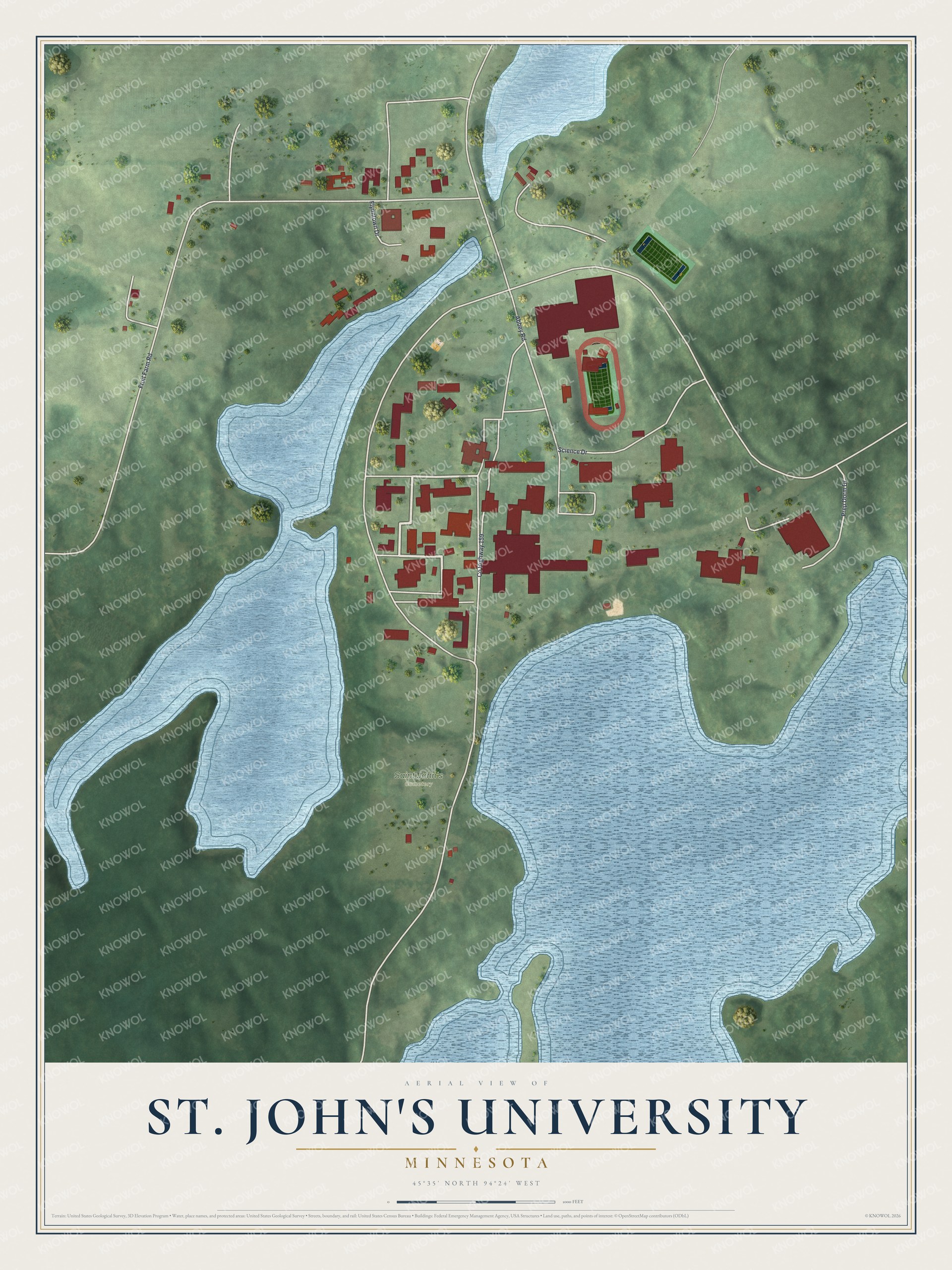Full map of St. John's University, Minnesota, with red buildings, printed street names and the land around them