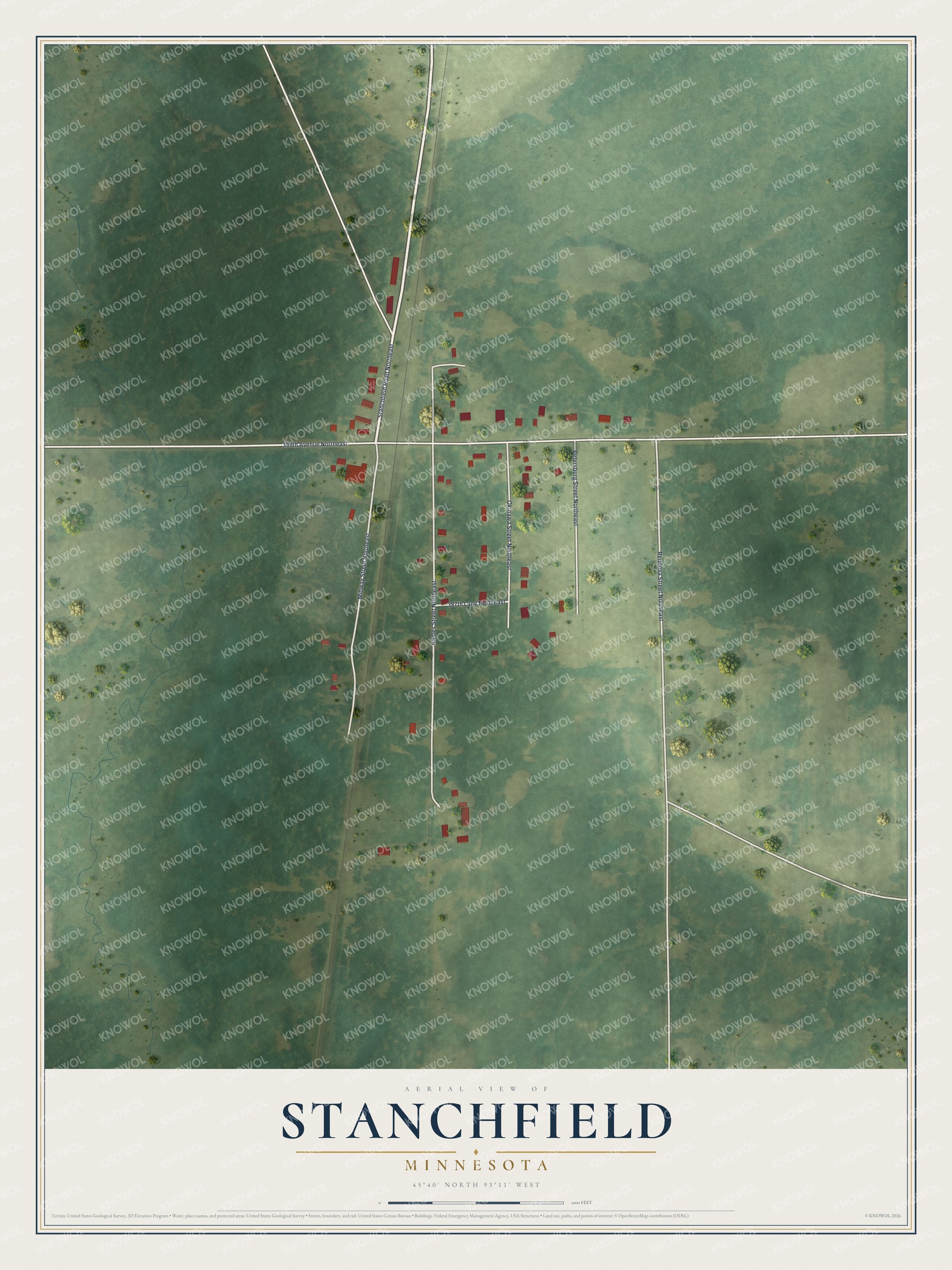 Full map of Stanchfield, Minnesota, with red buildings, printed street names and the land around them