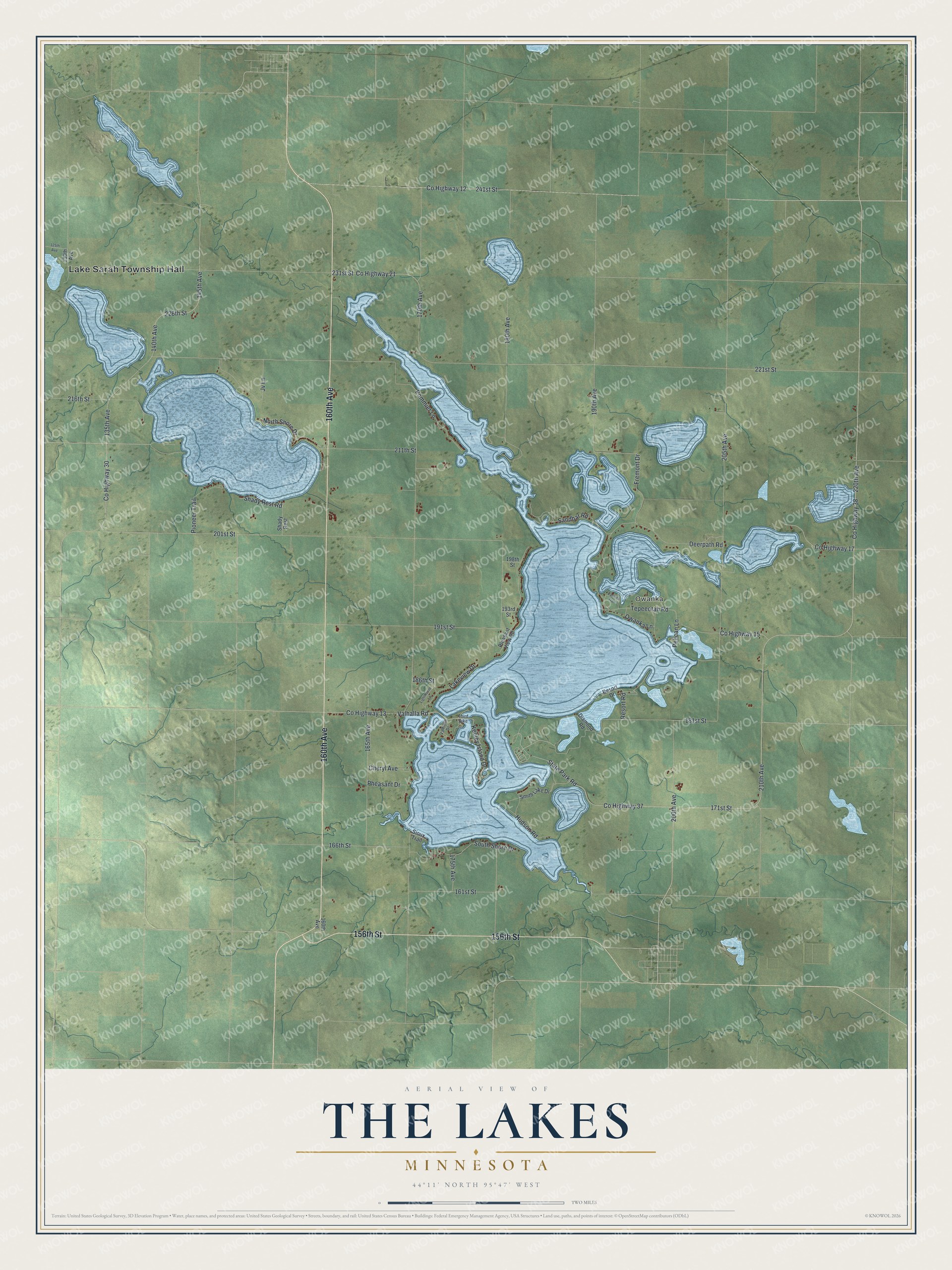 Full map of The Lakes, Minnesota, with red buildings, printed street names and the land around them