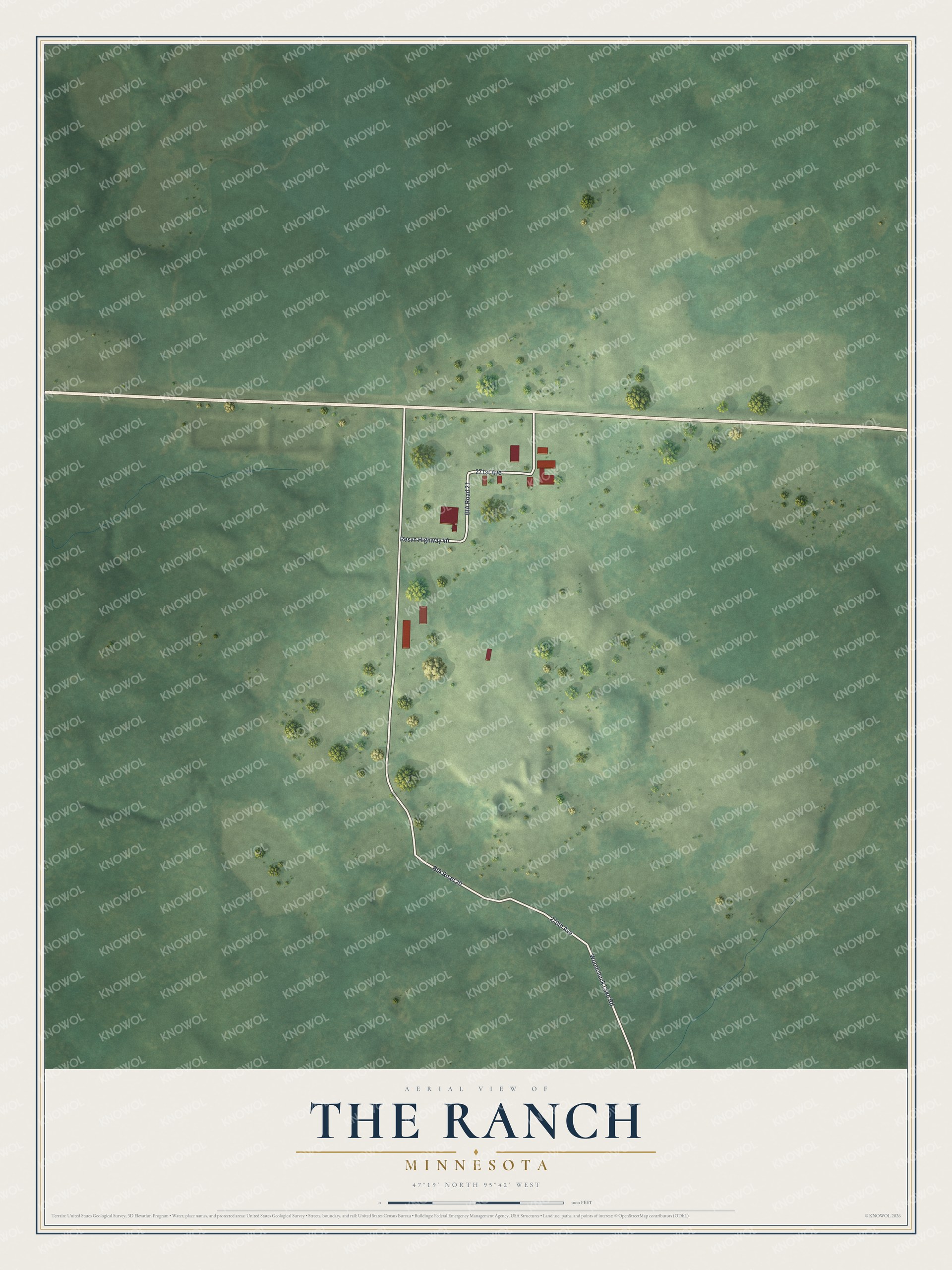 Full map of The Ranch, Minnesota, with red buildings, printed street names and the land around them