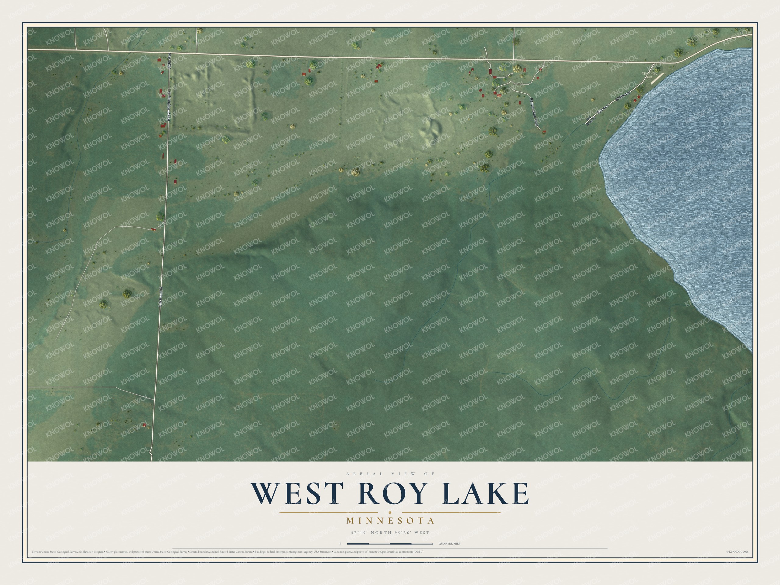 Full map of West Roy Lake, Minnesota, with red buildings, printed street names and the land around them