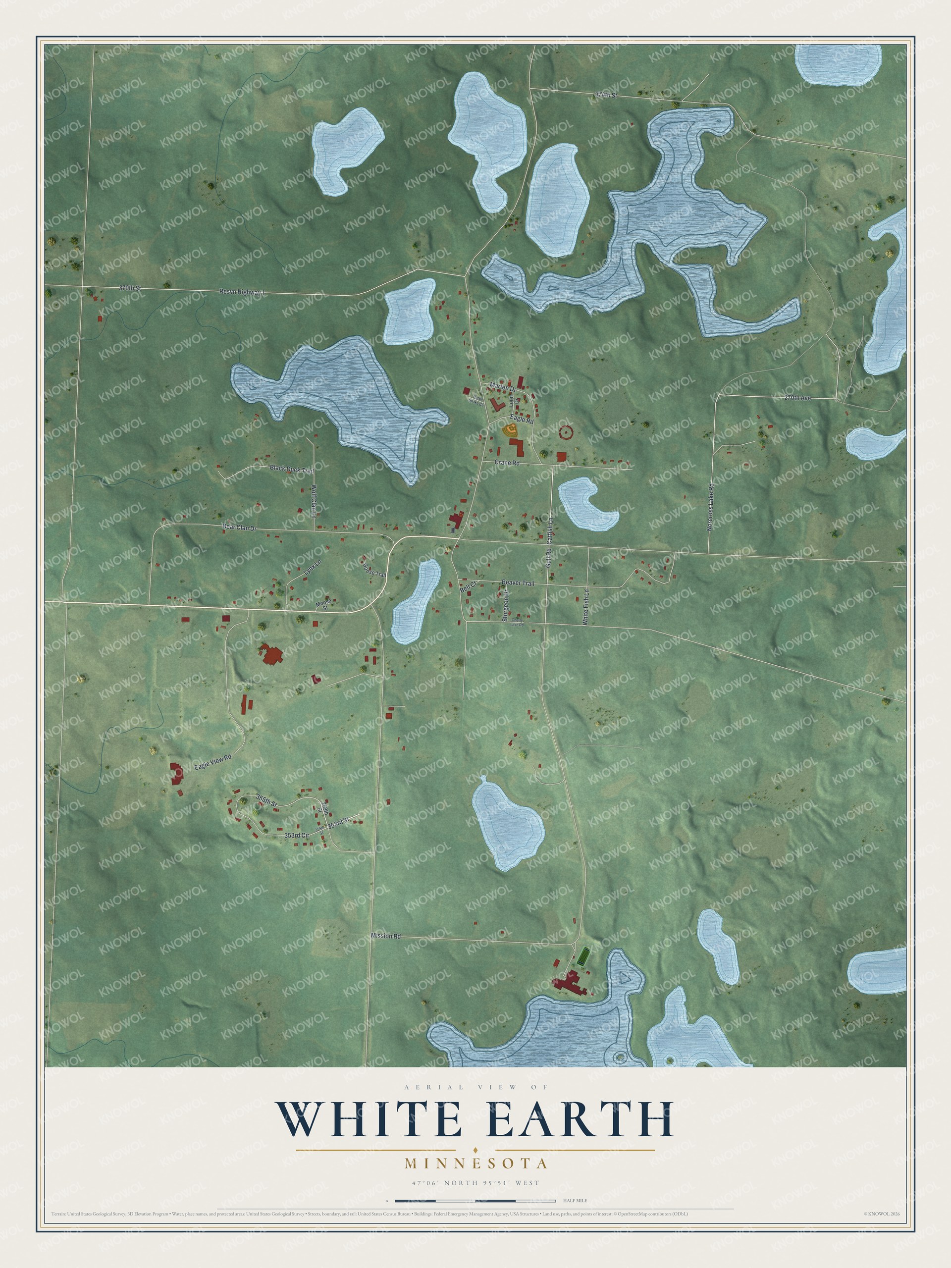Full map of White Earth, Minnesota, with red buildings, printed street names and the land around them