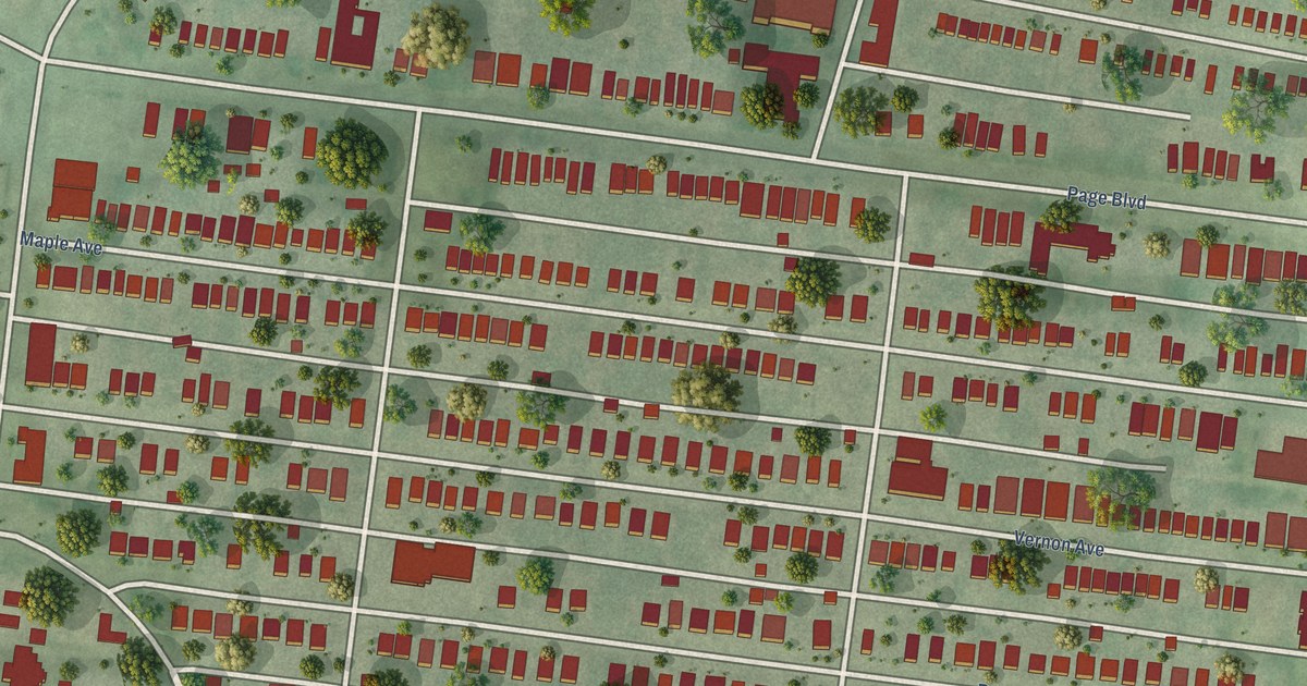 Close-up of streets and buildings in Academy, Missouri
