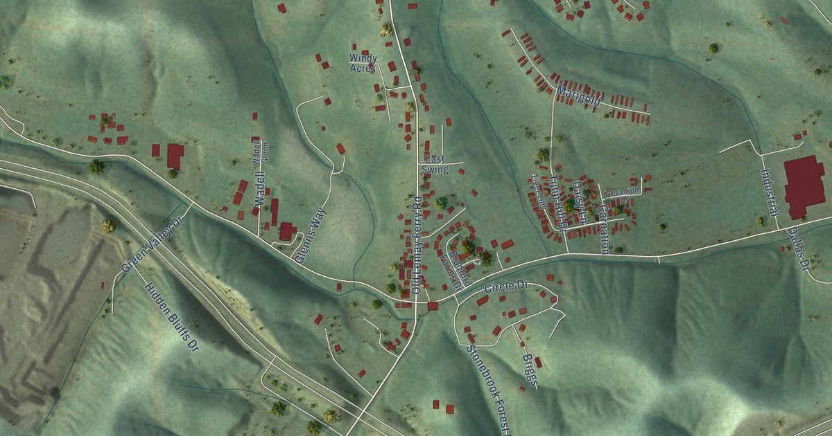Close-up of streets and buildings in Antonia, Missouri