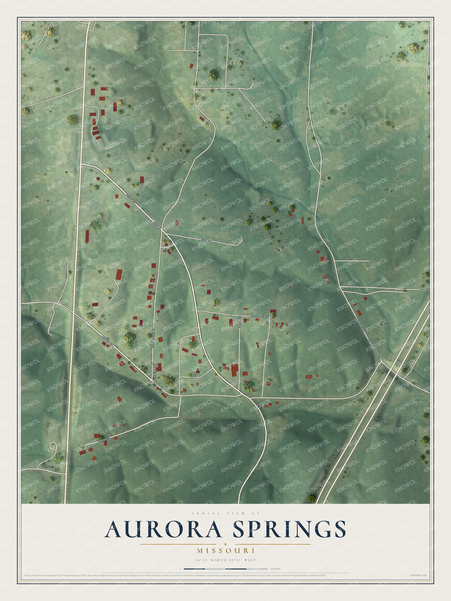 Full map of Aurora Springs, Missouri, with red buildings, printed street names and the land around them