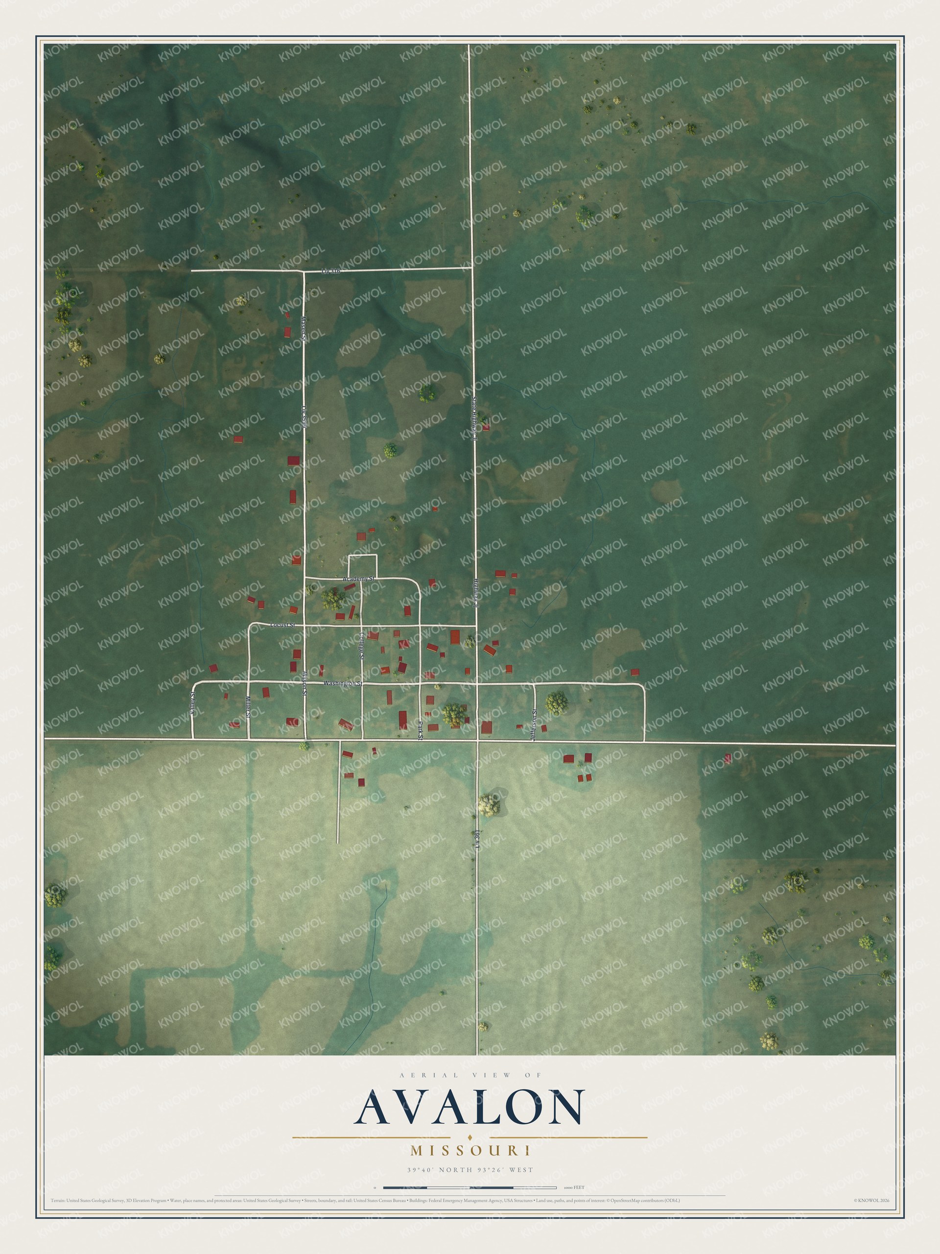 Full map of Avalon, Missouri, with red buildings, printed street names and the land around them
