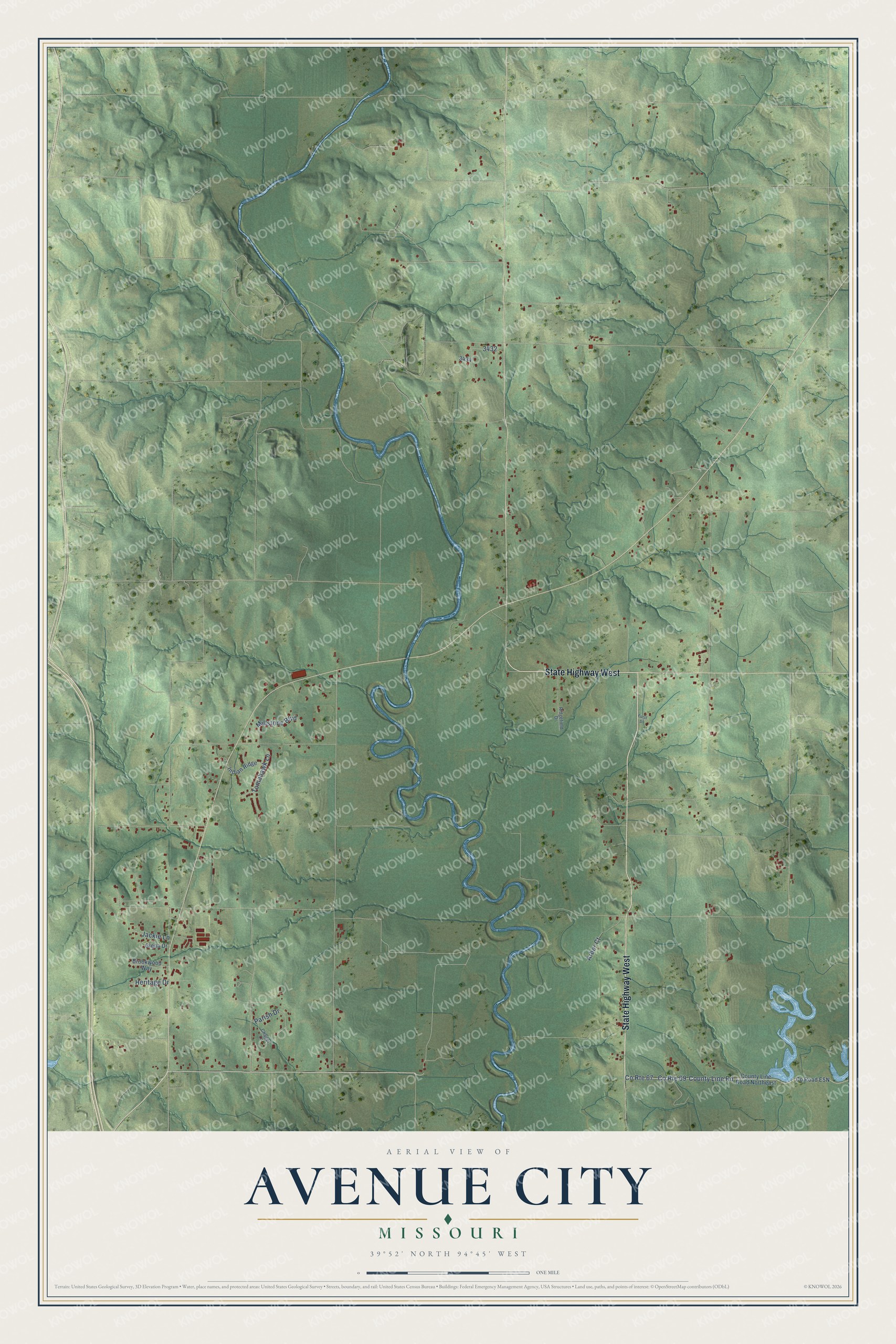 Full map of Avenue City, Missouri, with red buildings, printed street names and the land around them