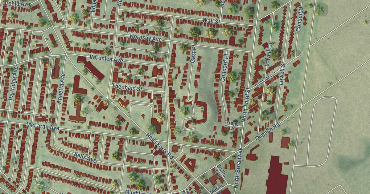 Close-up of streets and buildings in Baden, Missouri